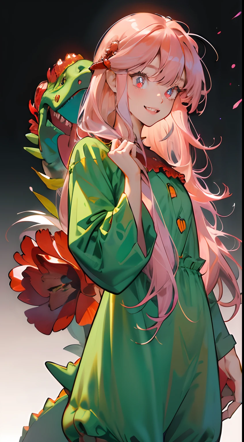 masterpiece , detailed image , detailed eyes , beautiful eyes , detailed hair , detailed hands , normal hands , detailed fingers , normal fingers , 1girl , solo , 20 year old girl , beautiful girl , cute girl , (Scarlet eyes:1.5), sparkling eyes, bright eyes, (long hair), waist length hair, ((Carnation-pink-colored hair)), (bangs hairs:1.5), happy expression, big smile, sharp teeth, big eyes , ((wearing an oversized Jade-colored disguise dinosaur costume :1.5 )), a cute disguise dinosaur costume , a baggy shirt , (costume clothes:1.5) , Cute action, lovely pose, white background, black background, blurred background , cowboy shot
