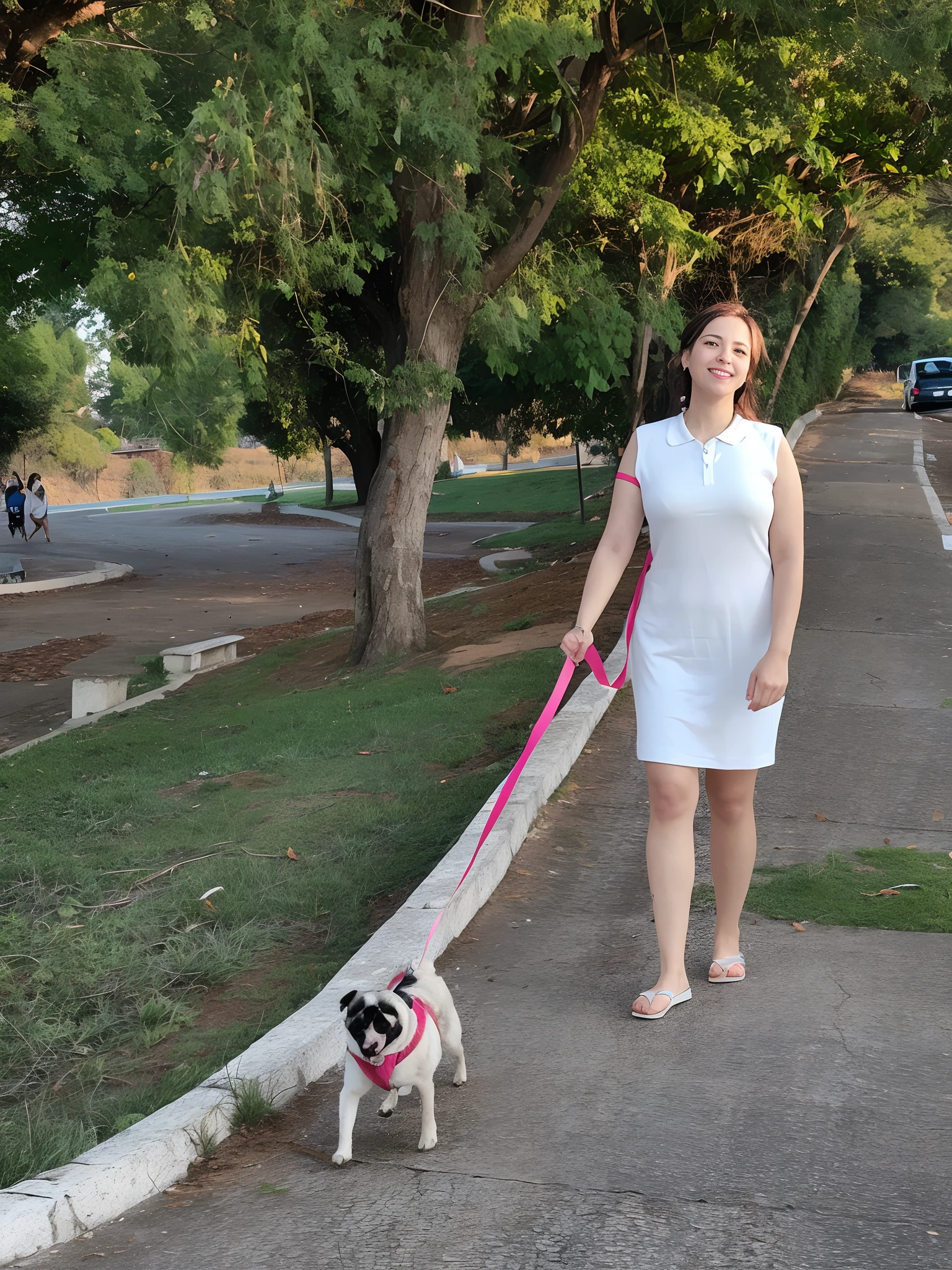 Woman walking a dog on a leash on a sidewalk, Caminhando no Parque, usando um vestido branco bonito, usando um vestido branco, by Gina Pellón, usando um vestido de sol branco, caminhando para o trabalho, usando vestido branco, no parque, no Parque, at sunset, early evening