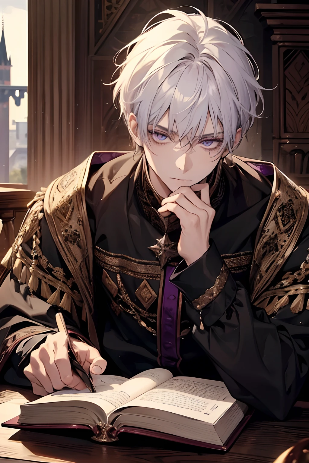 1male, calm, adult, age 35 face, short messy with bangs, white hair, amethyst colored eyes, royalty, prince, wears black clothing, in a castle, adult face, medieval times, close up, sitting at a table with a book, two hands, adult face