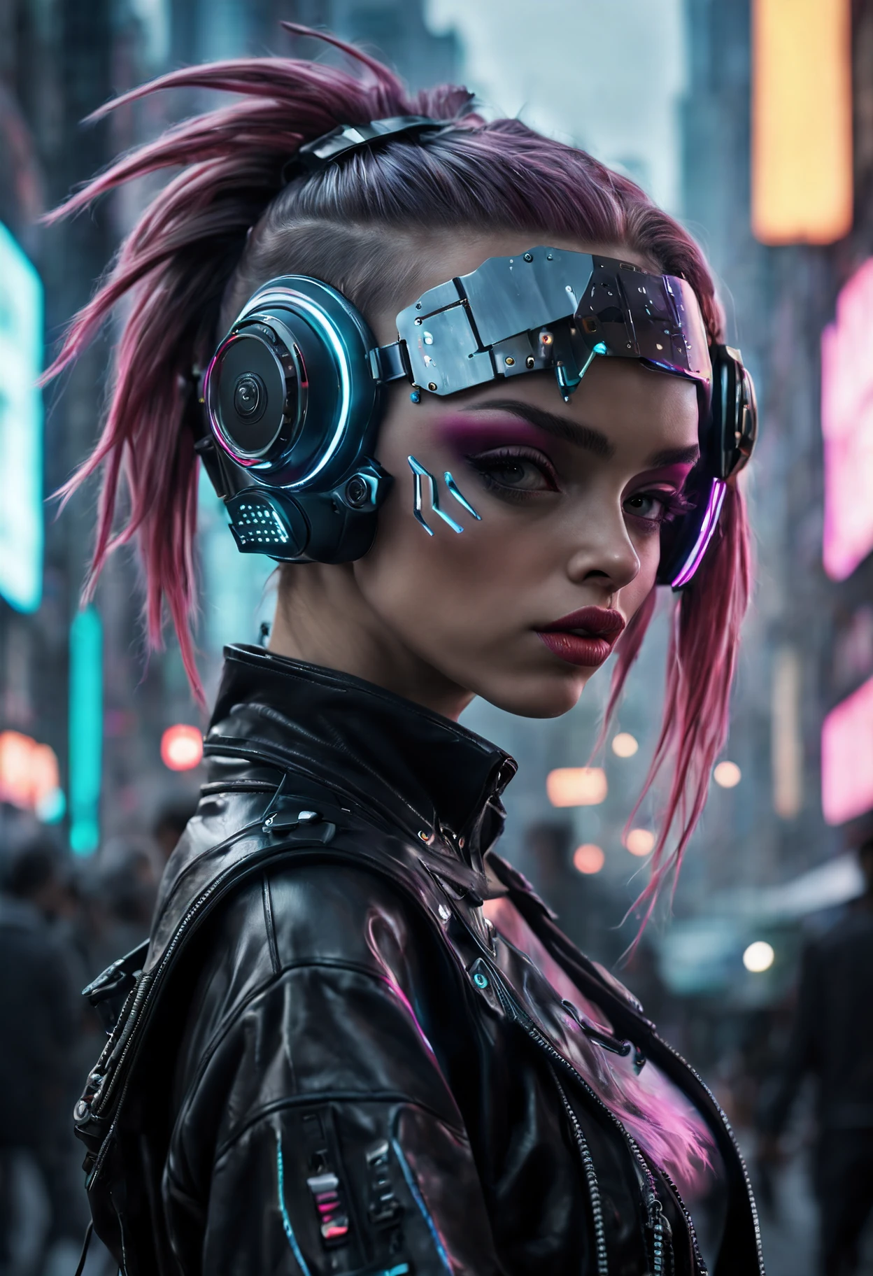 (top-quality,8K,32K,​masterpiece,UHD:1.3),ultra high res,(Photorealsitic:1.4),RAW photo, cyber punk girl,  detailed cute face,cyber punk hair,cyber punk fashion,highly detailed clothes,half body shot,
,cyber punk city background,Back light effect, lens flare, depth of fields, cyberpunk