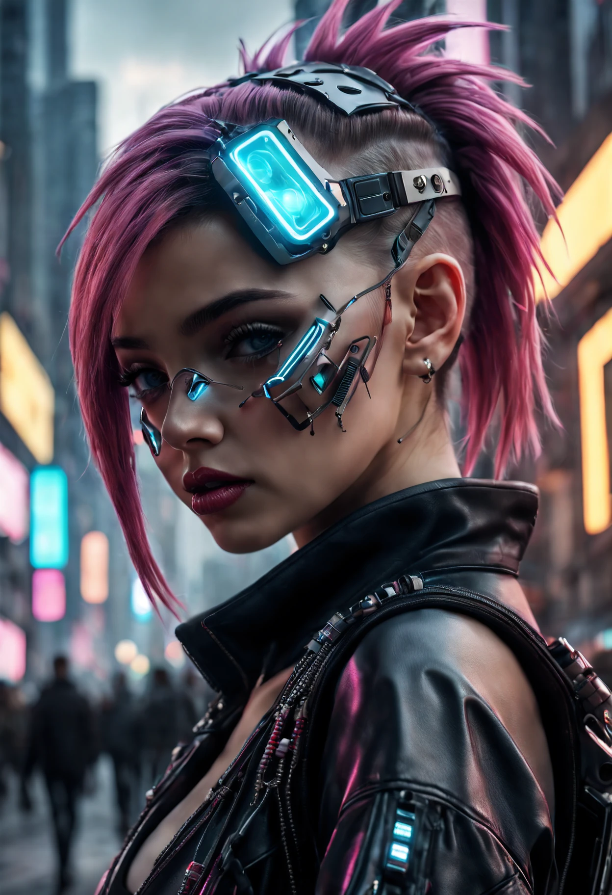 (top-quality,8K,32K,​masterpiece,UHD:1.3),ultra high res,(Photorealsitic:1.4),RAW photo, cyber punk girl,  detailed cute face,cyber punk hair,cyber punk fashion,highly detailed clothes,half body shot,
,cyber punk city background,Back light effect, lens flare, depth of fields, cyberpunk