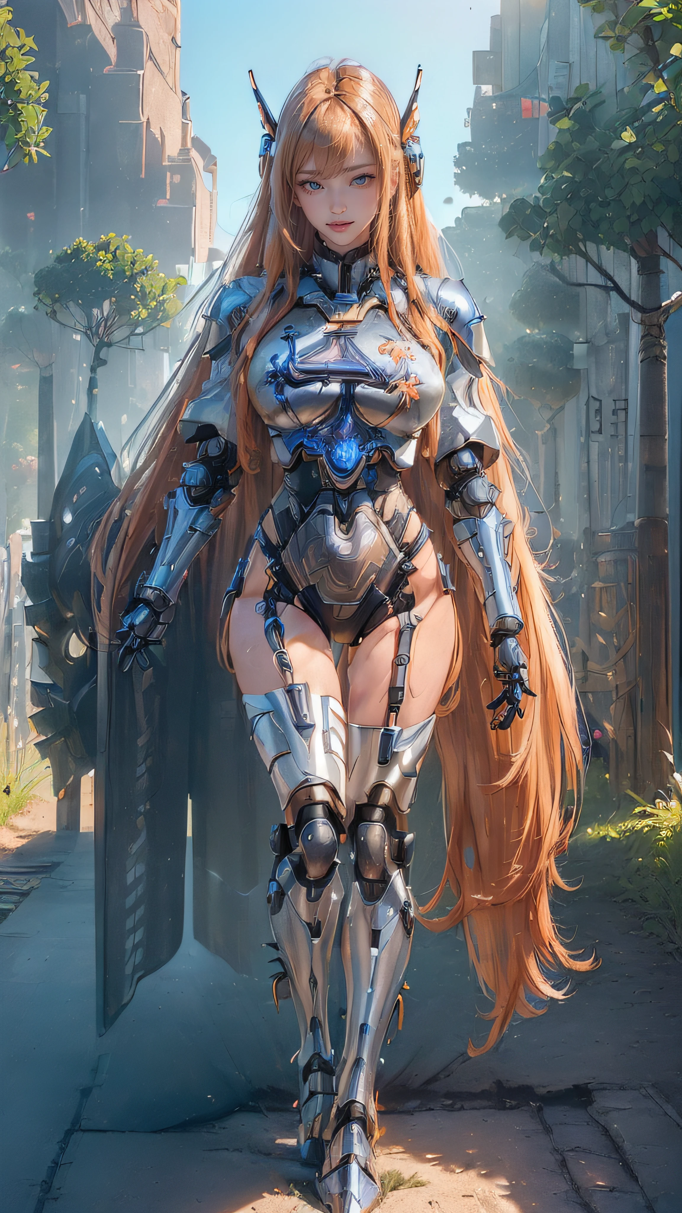 ((1girl:1.5),(embroidered cybernetic body:1.5),large breast,(mecha armor:1.5)),(Highest image quality,outstanding details,ultra-high resolution, (realism:1.4),the best illustration,favor details,highly condensed 1girl,(Sense of presence:1.5),(Dynamic:1.5),(bold:1.5)),(thin hair:1.8),(straight hair:1.5),(Swept long bangs:1.5),(extra light coppery amber hair),((hair over one eye:1.2)),(stretching:1.5)