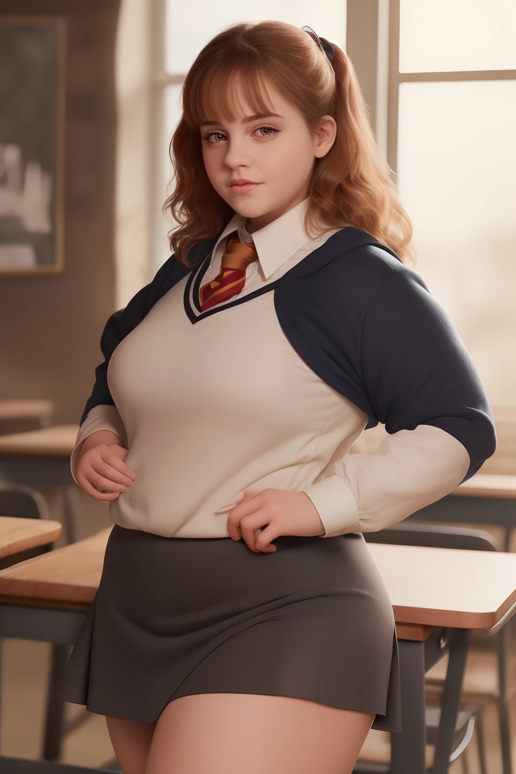 masterpiece, (photorealistic), (8k wallpaper) , (best quality), perfect quality, solo, (detailed eyes:1.1), Ermione, adult, very beautiful face, small smile, sexy, fat rolls, curvy, chubby, very soft, tight school uniform, tight miniskirt, black miniskirt, muffin top, big deep navel, love handles, thunder thighs