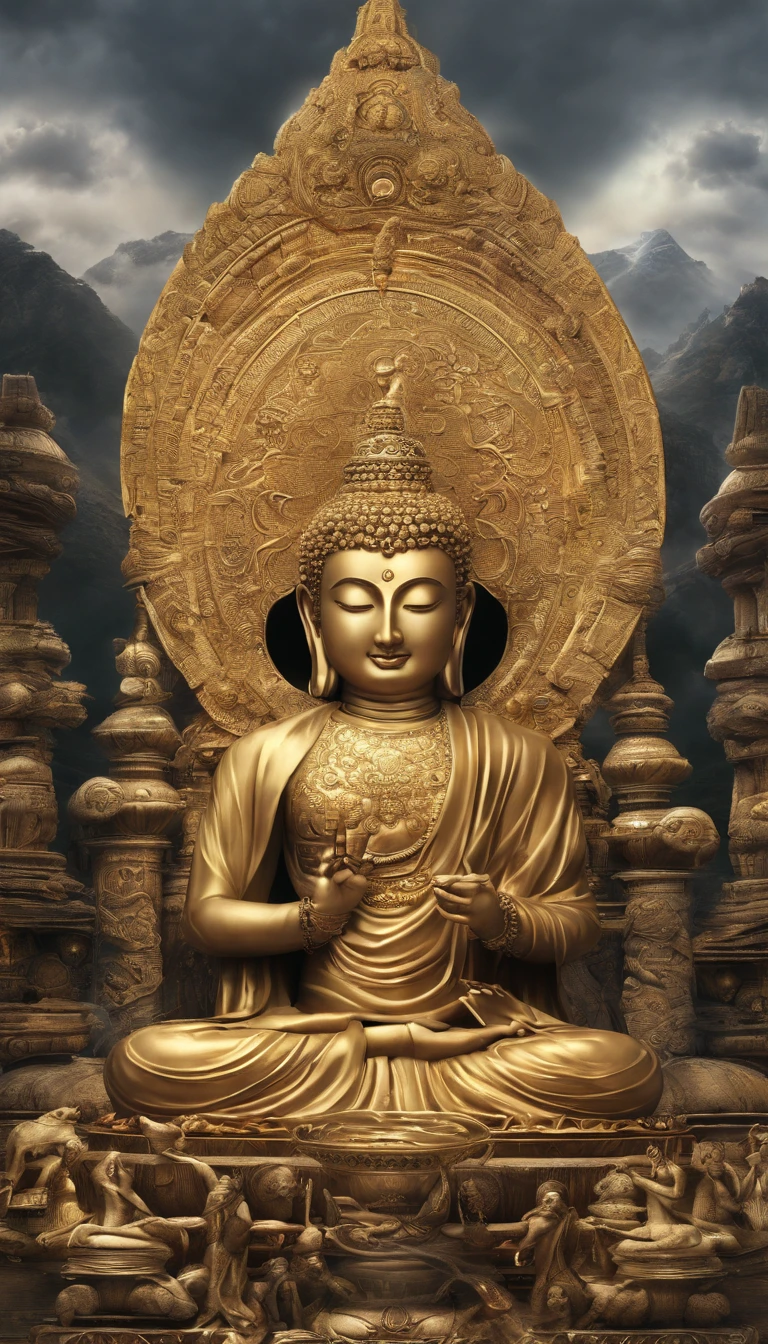 BUDDHA STATUE, stone, Texture, Tall, Majestic, The background is illuminated by sunlight
