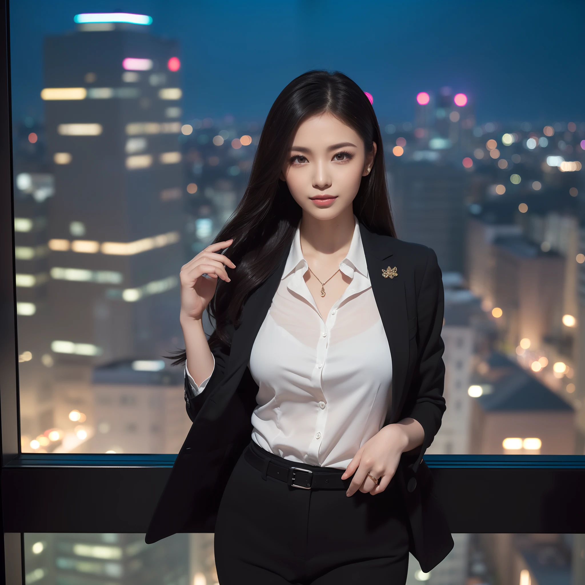 ((1人の女性,Beauty Secretary: 1,25-years old,Long,Wearing an elegant blouse and suit jacket,Classy pants,Office casual attire,Room in a tower apartment on the 40th floor,One huge window in the background,Huge windows,nighttime scene,Complex night scene,From the window, You can enjoy the view from the 40th floor,Faces close,Beautiful night view in the background,Midnight,Panoramic night view,Midnight view,Midnight,Looking at the camera,Shot from the waist up)),((Perfect makeup,sexy lip,Glossy lips,The most beautiful faces in Japan,long eyelashes,adultlike face,Adult beauties,Smile slightly,glamor,Beautiful lips,Perfect glossy lips,Full of sex appeal,glamor,Faces close,Staring at this,Breasts are big)),((The best lighting for epic movies,super-fine,beautiful hairl,Detailed rooms in luxury apartments,Romantic night view,Complex night scene,Detailed night view,,super-fine,beautiful hairl,The most beautiful faces in Japan,View here,Perfect fingers,face perfect,细致背景,Fair skin,Crystal clear white skin,Perfect fingers,细致背景,top-quality,The ultra -The high-definition,Perfect Anatomy,high-definition RAW color photography,professional photograpy, Very delicate, Extremely detailed,finely detail, Huge file size,Top image quality,8K,Award-Winning Works,masutepiece,Professional filming,a high chroma))