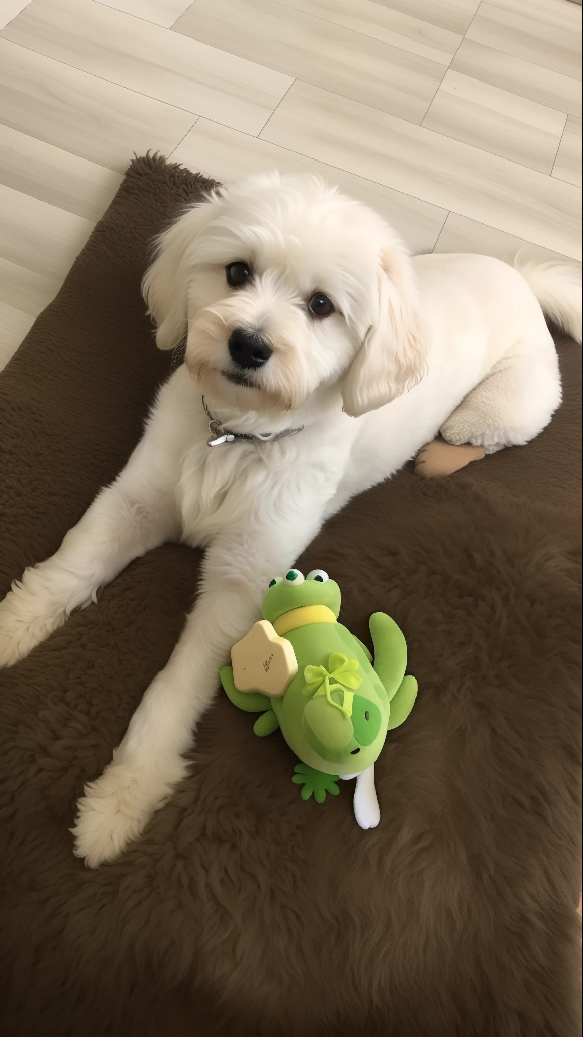 Disney Pixar animation style. description: There's a white dog that's lying on a brown carpet, Crocodilo Loki, stuffed toy, Jogar, pimenta, small white dog at her side, Peepo o sapo!!!, brinquedo bonito, stuffed animal, wtwo frogs hugging, um bonito, barriga verde fofa, peluche,