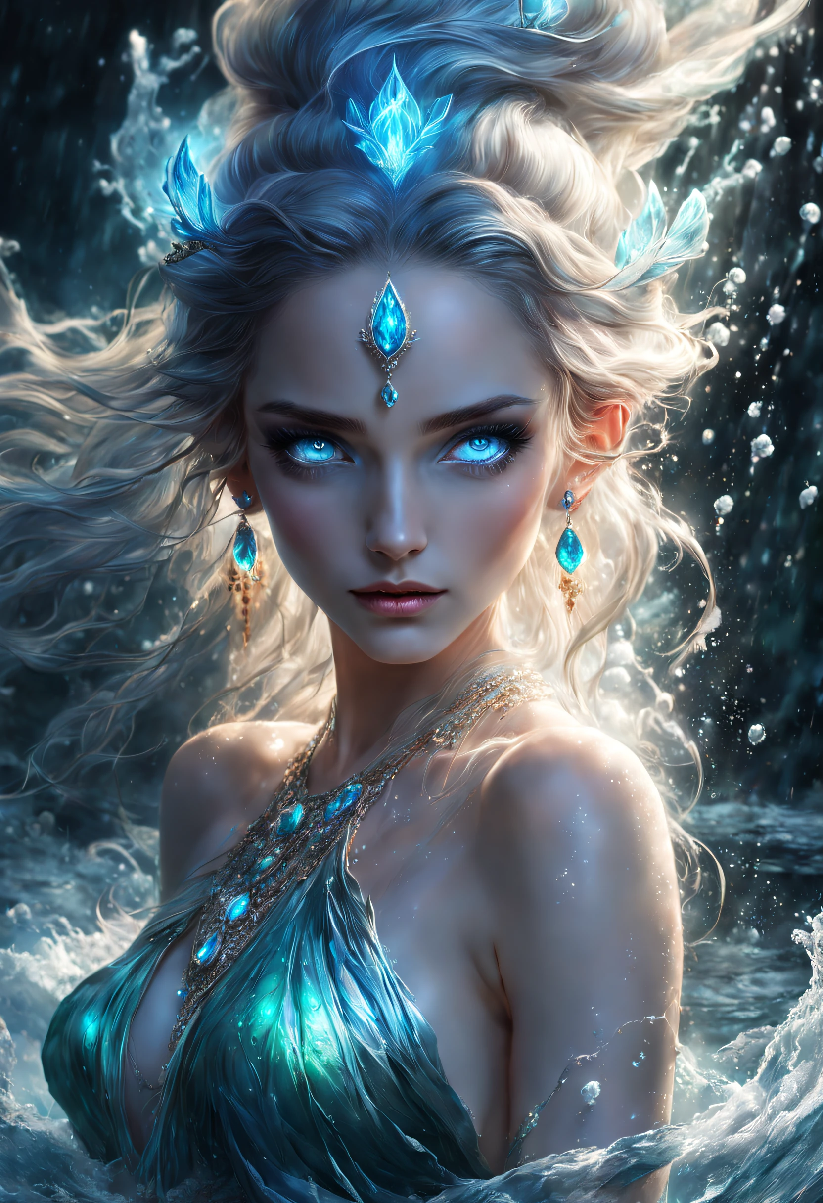 The extreme beautiful goddess of water, white skin, colorful mystic light, water glow eyes, UHD, by Aleksi Briclot and Alessio Albi and Emilia Rodriguez and Adela Weiss