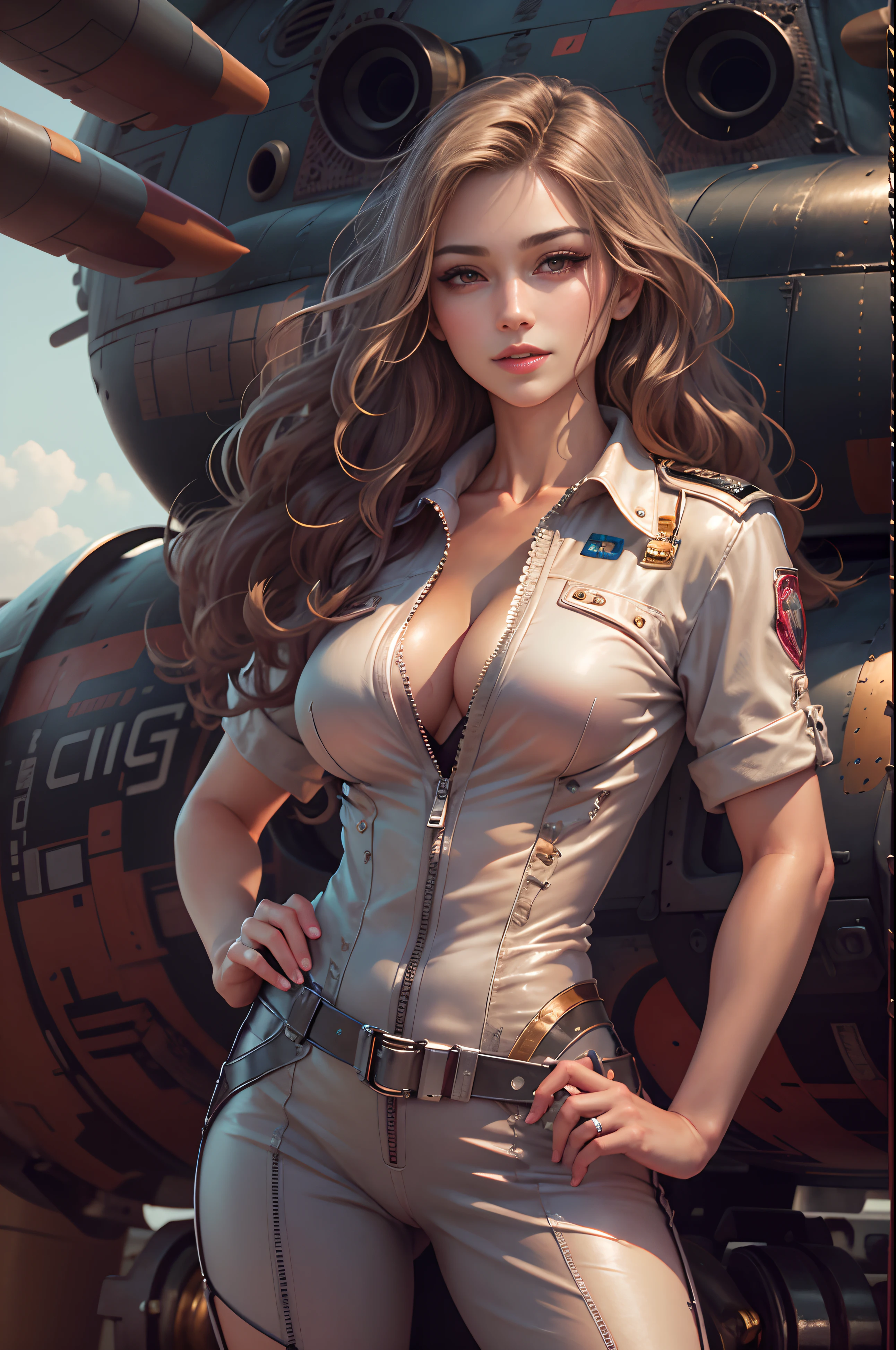 Different mood busty american with large eyes woman large eyes with very two long hair, showing clevage,smiling, showing clevage army dress open zip style,Portrait: Heaven soft liquid Opal opulance Elsa,full body view,smooth fit, oily skin, wearing sexzy army pilot dress,DSLR, F/2.8, 5D, 16k, hip be Super-Resolution . realistic style, key visual, vibrant, studio, showing clevage, realistic, highly detailed A smile whimsical full body view girl with background of war jet seeing ,standing isharp look with saggy breast showing clevage, wide eyes, pink lips,, wide hips, perfect anatomy, illuminated face, detailed face, perfect eyes, detailed eyes, golden ratio, perfect fingers. Breathtaking, masterpiece, high definition, accent lighting, contrasted with bright paint colors, intricate details, highly detailed, professional, sleek, modern