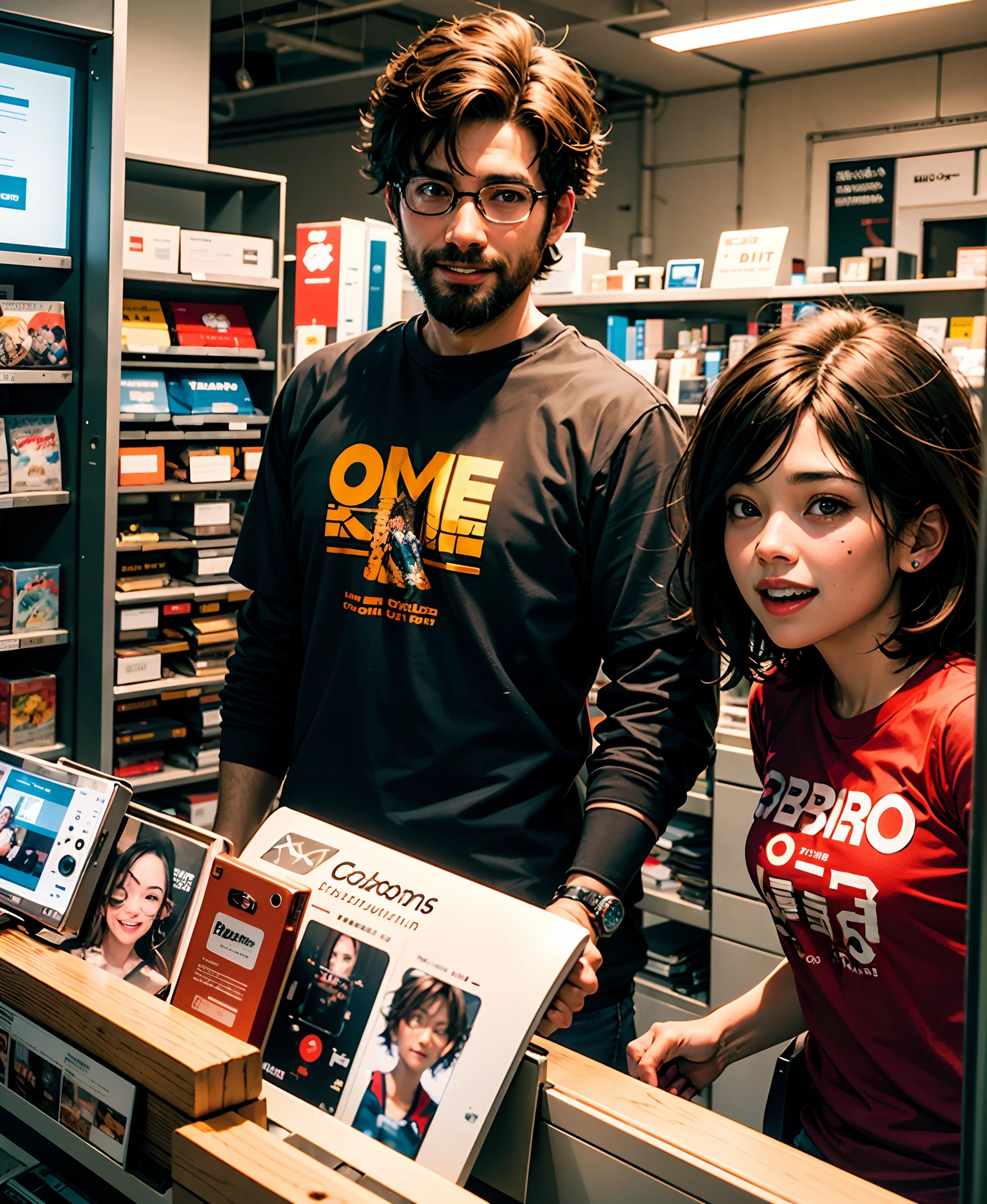 Imagem 3d inspirado na Pixar de um homem sorrindo segurando o seu celular 36 anos, rosto arredondado com barba, cabelos curtos de cor castanho, brown eyes in a cell phone and accessories store with the Jk imports logo in black and red and with the store's t-shirt