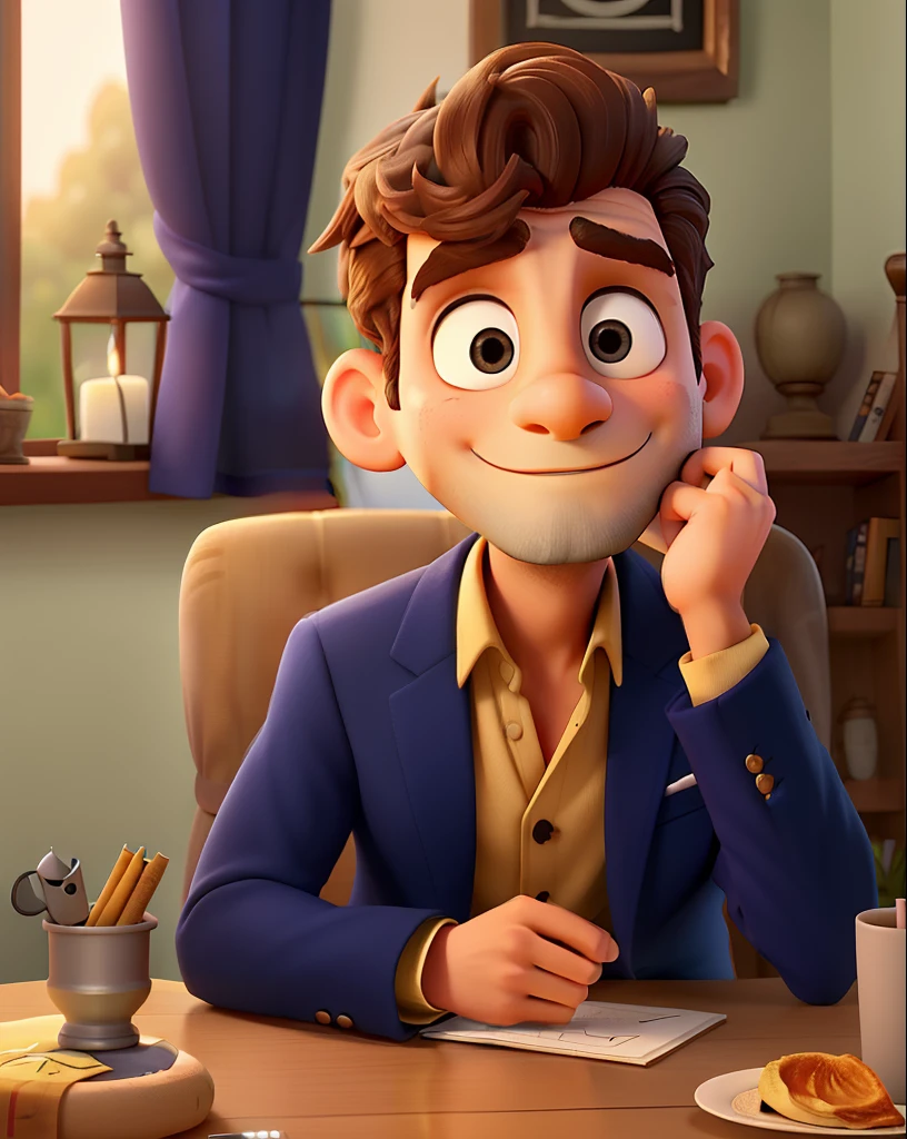 Um homem vestindo um terno como o do Jack skellington, veste uma capa de bruxo prata, Next to it is a small round table with a golden candlestick and in the background a window, cortinas cor de vinho, poses while looking at the camera sideways, cabelos pretos, rosto sem barba, rosto magro, In his hand a dark Zul umbrella, The sky that appears in the window is dark and starry