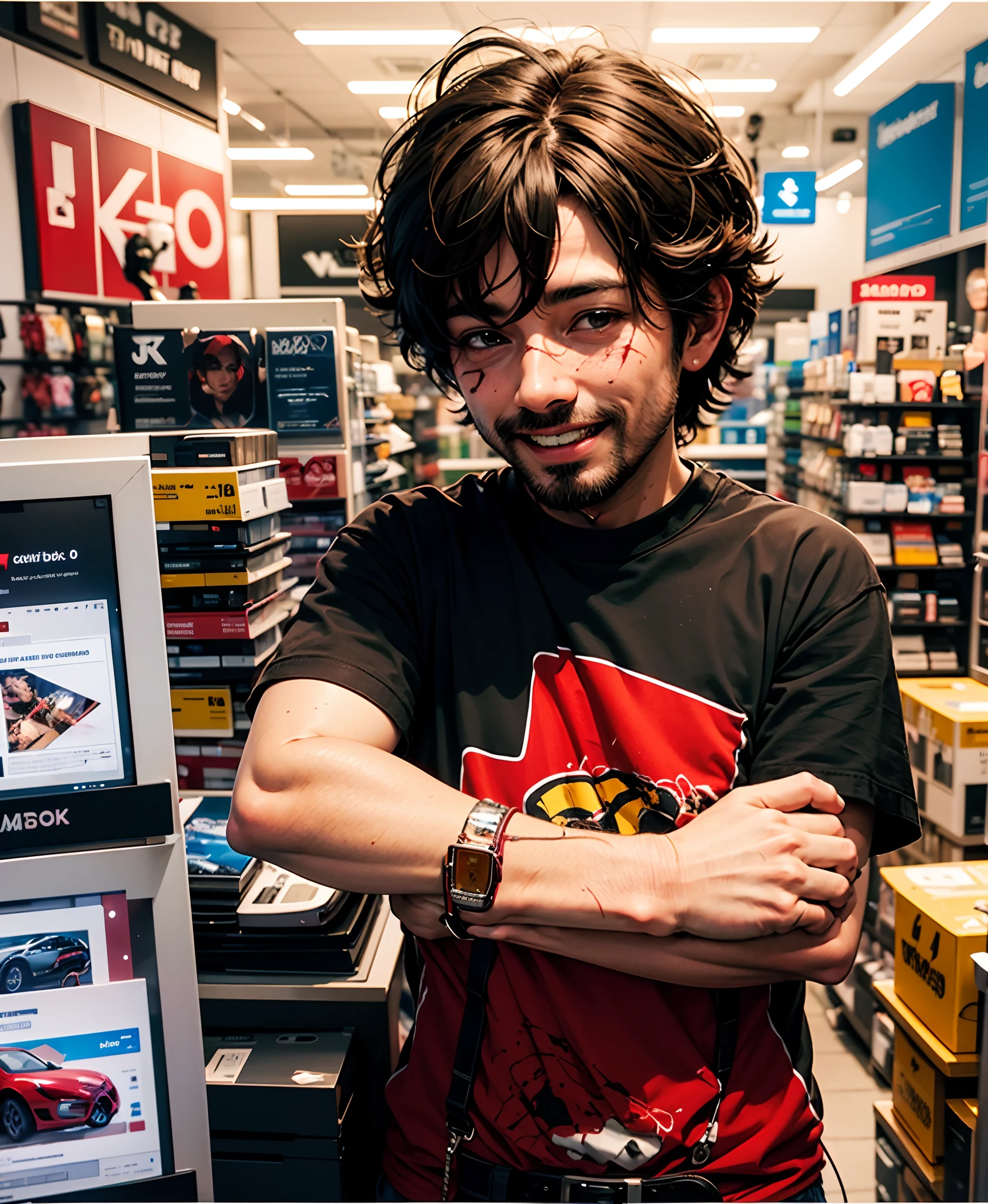 Imagem 3d inspirado na Pixar de um homem sorrindo segurando o seu celular 36 anos, rosto arredondado com barba, cabelos curtos de cor castanho, brown eyes in a cell phone and accessories store with the Jk imports logo in black and red and with the store's t-shirt