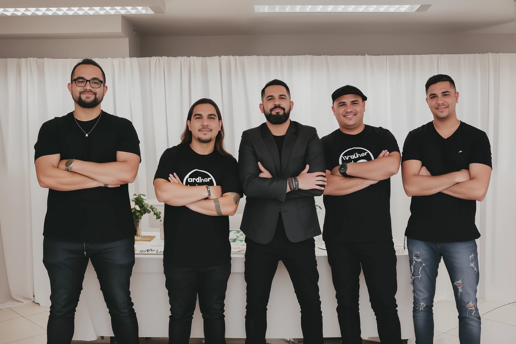 Group of men standing in front of a table with a poster, Retrato gigachado, inspired by Václav Brožík, Tiro em Sony A 7 III, imagem de alta qualidade, Directed by: Adam St. Peter's, Banda Eloy, Directed by: lotz karoly, vitrine, A scooter ( Banda EDM, solid background