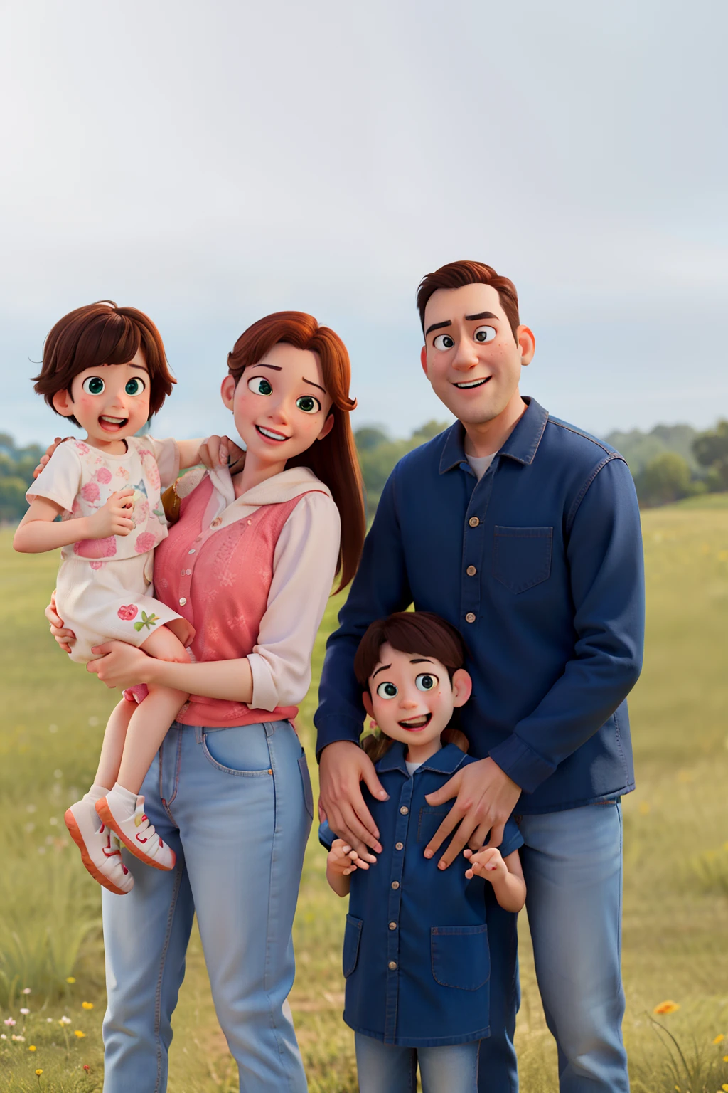 Familia pai, mae, Son and daughter on mother's lap, estilo pixar, poster filme, pixar animation,fundo em um grande vale verde, todos felizes, filme pixar