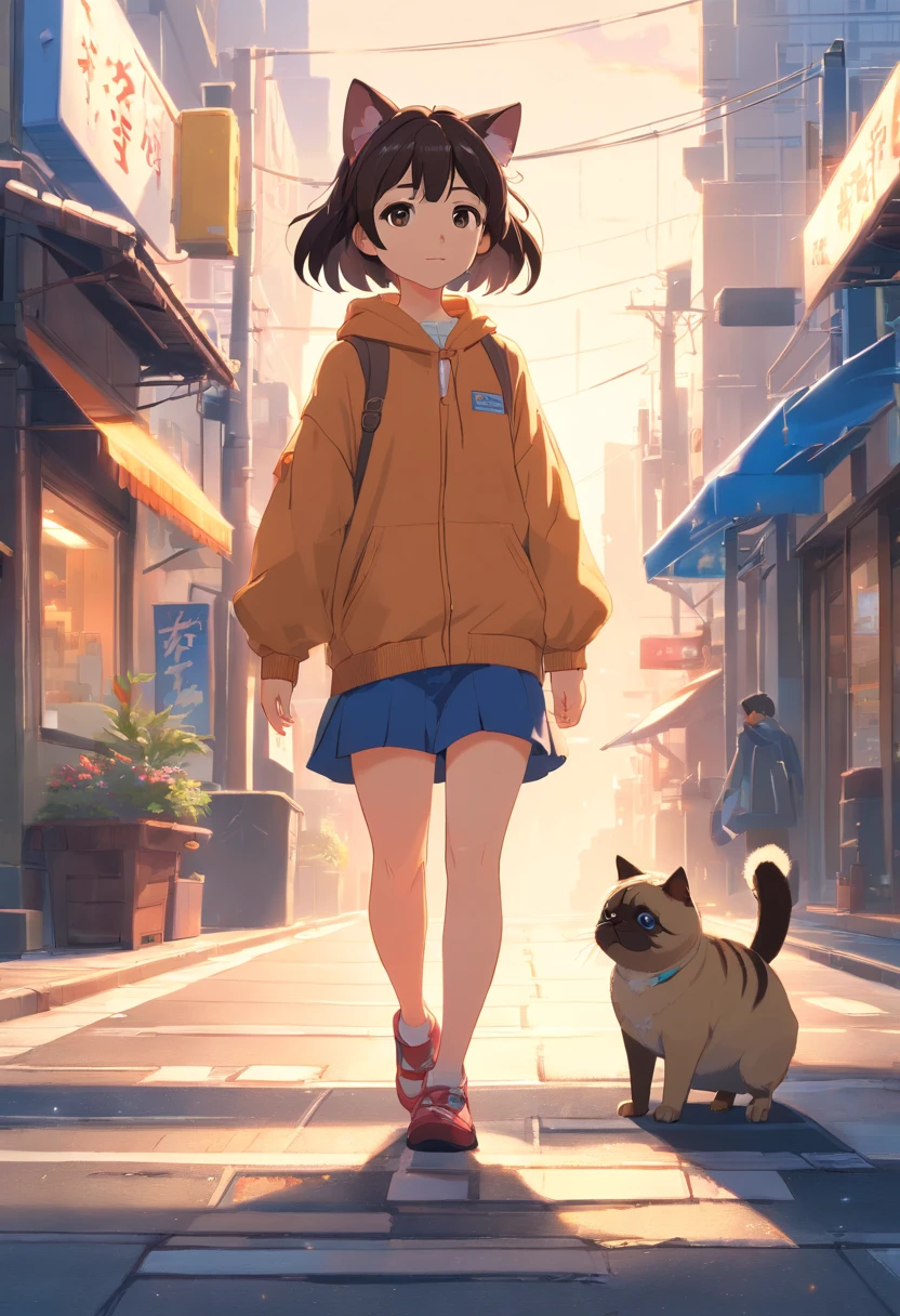((Foto en bruto)), ((obra maestra)), Anthropomorphic Humanoid Pug Cat Dressed, una persona々Caminar entre, Detalles intrincados de pies grandes, Complex Griebles funciona, The City Behind, cuerpo grande