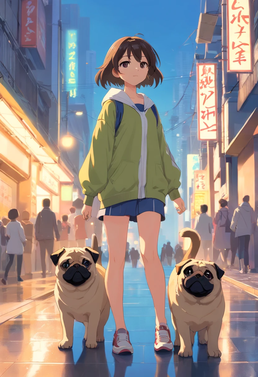 ((Foto en bruto)), ((obra maestra)), Anthropomorphic Humanoid Pug Cat Dressed, una persona々Caminar entre, Detalles intrincados de pies grandes, Complex Griebles funciona, The City Behind, cuerpo grande