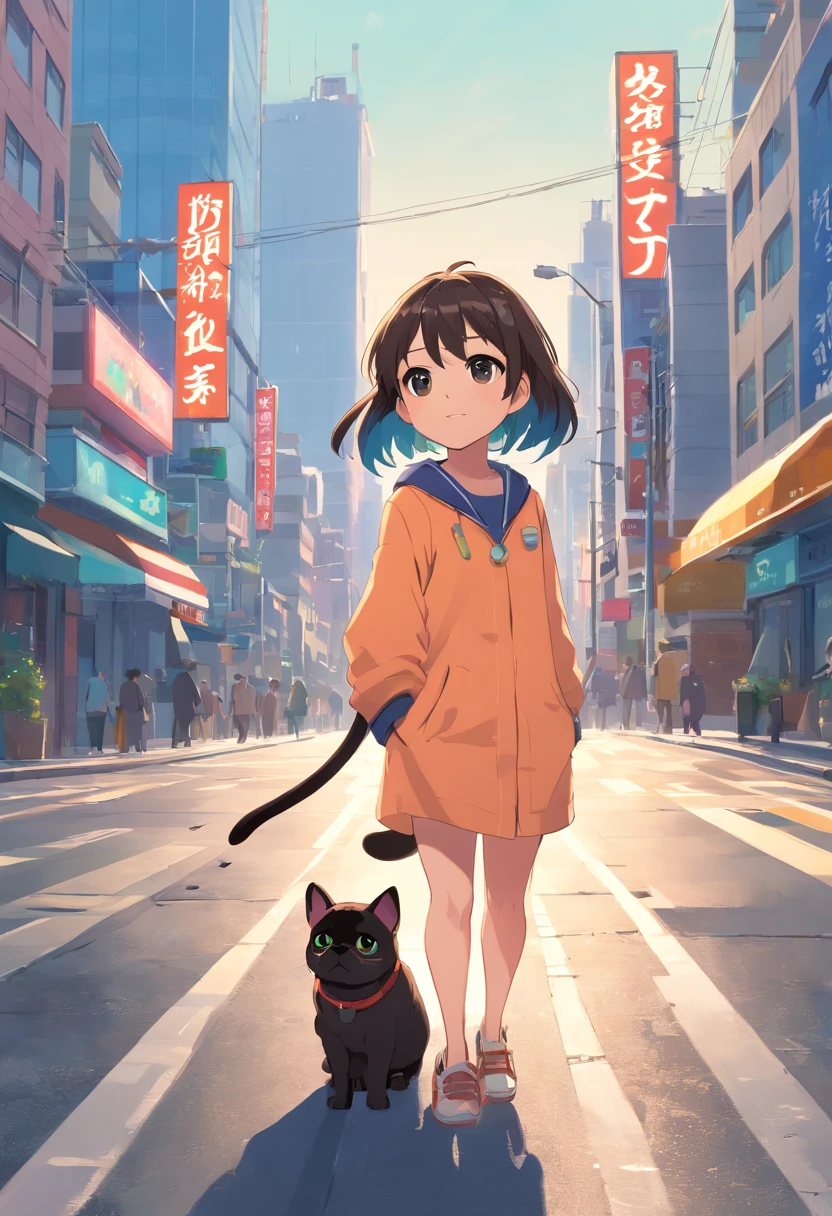 ((Foto en bruto)), ((obra maestra)), Anthropomorphic Humanoid Pug Cat Dressed, una persona々Caminar entre, Detalles intrincados de pies grandes, Complex Griebles funciona, The City Behind, cuerpo grande