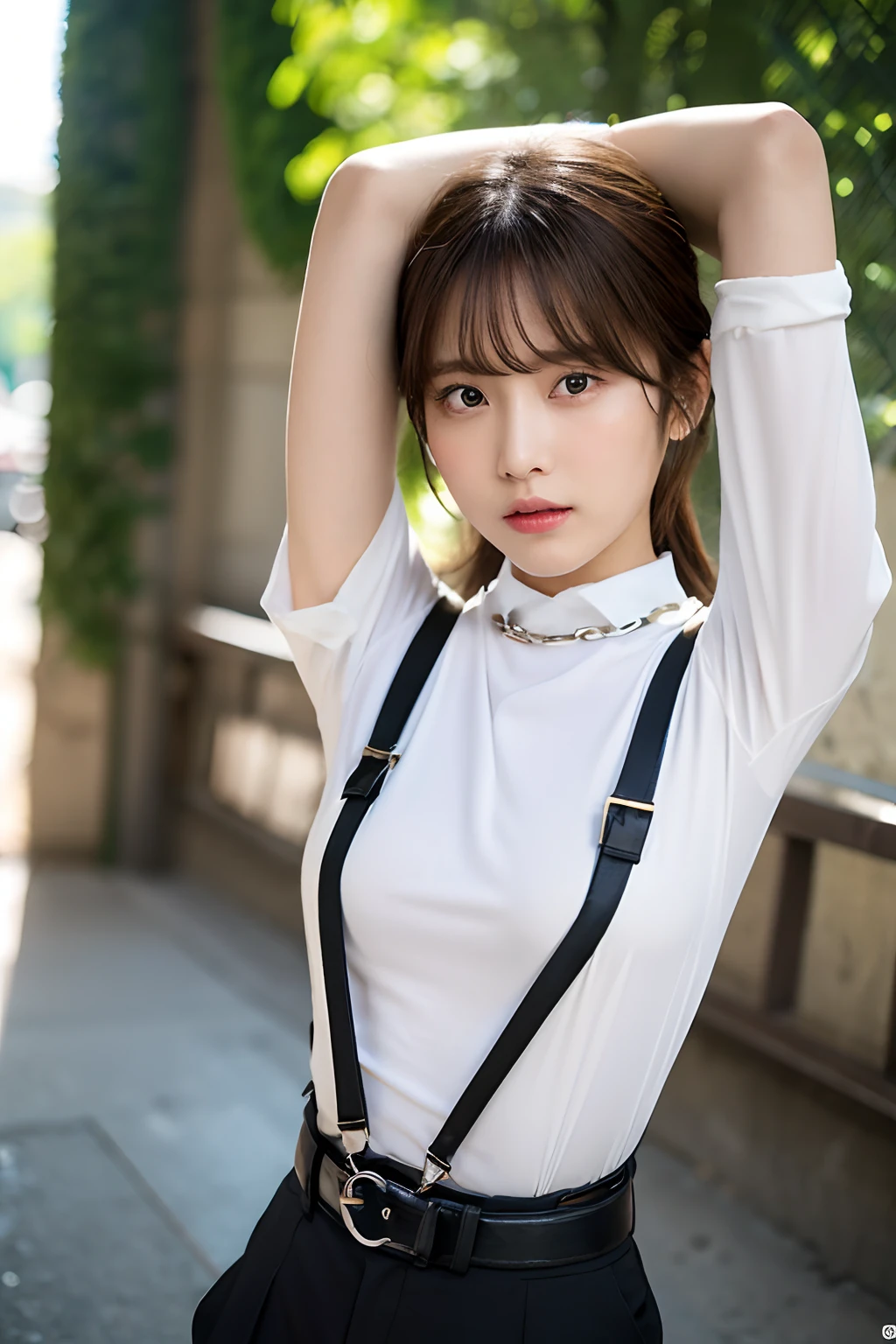 masterpiece、flat-colors、depth of fields、lens flare 1 girl、、Brown hair、watching at viewers black suspenders bulging big breasts Armpit sweat perspiring Side of both hands walls: Black pants, Black Suit Chain arma Gaze Small face Bangs Upper Eyes flank Colorcon Cutter shirt holster chain a belt