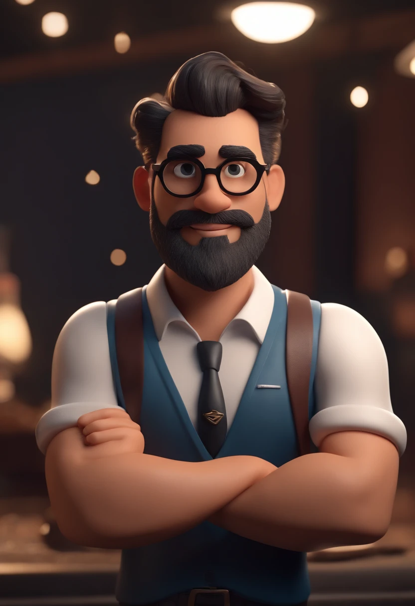 Cartoon character of a man with black glasses and a black polo shirt, cabelo liso, With beard and old school tattoo on his arm, animation character, Caractere estilizado, animation style rendering, 3D estilizado, Arnold Maya render, 3 d render stylized, toon render keyshot, Personagem 3D, Personagem 3D, 3d rendering stylized, 3 d character render, personagem de desenho animado, Personagem de close up, Pose de personagem, (Estilo Pixar) (master part:1.2) (Bokeh) (best quality) (pele detalhada) (textura detalhada) (8k) (argila) (Cinematic lighting) (foco nítido