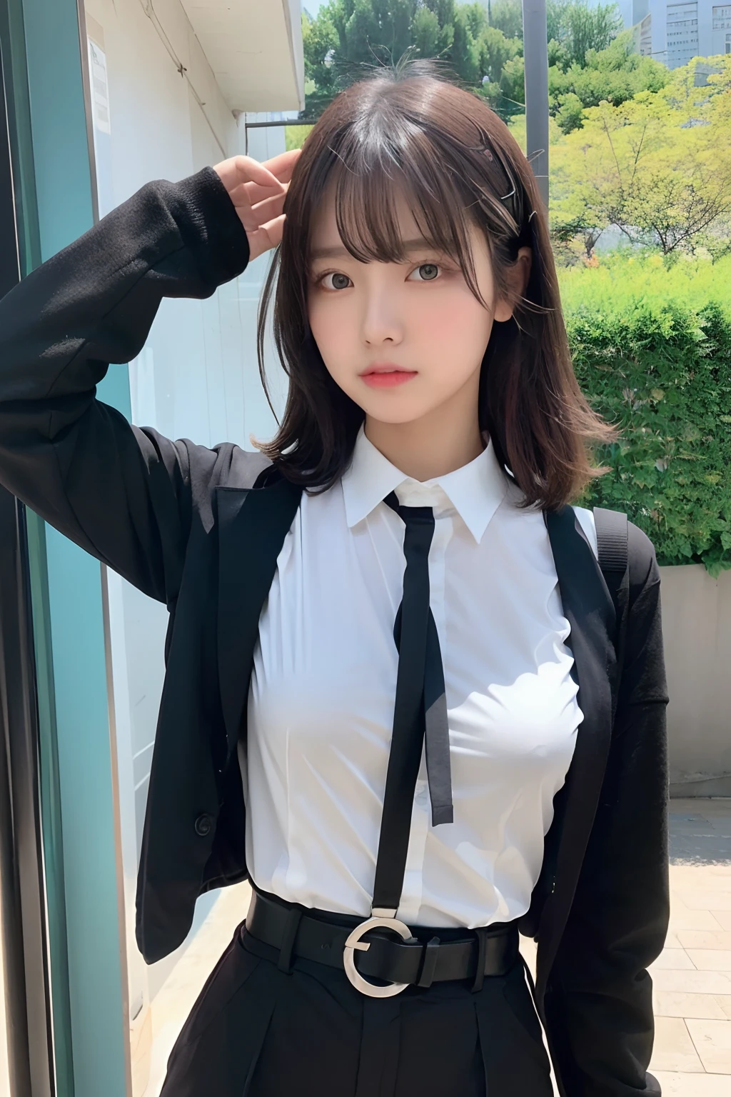 masterpiece、flat-colors、depth of fields、lens flare 1 girl、、Brown hair、watching at viewers black suspenders bulging big breasts Armpit sweat perspiring Side of both hands walls: Black pants, Black Suit Chain arma Gaze Small face Bangs Upper Eyes flank Colorcon Cutter shirt holster chain a belt