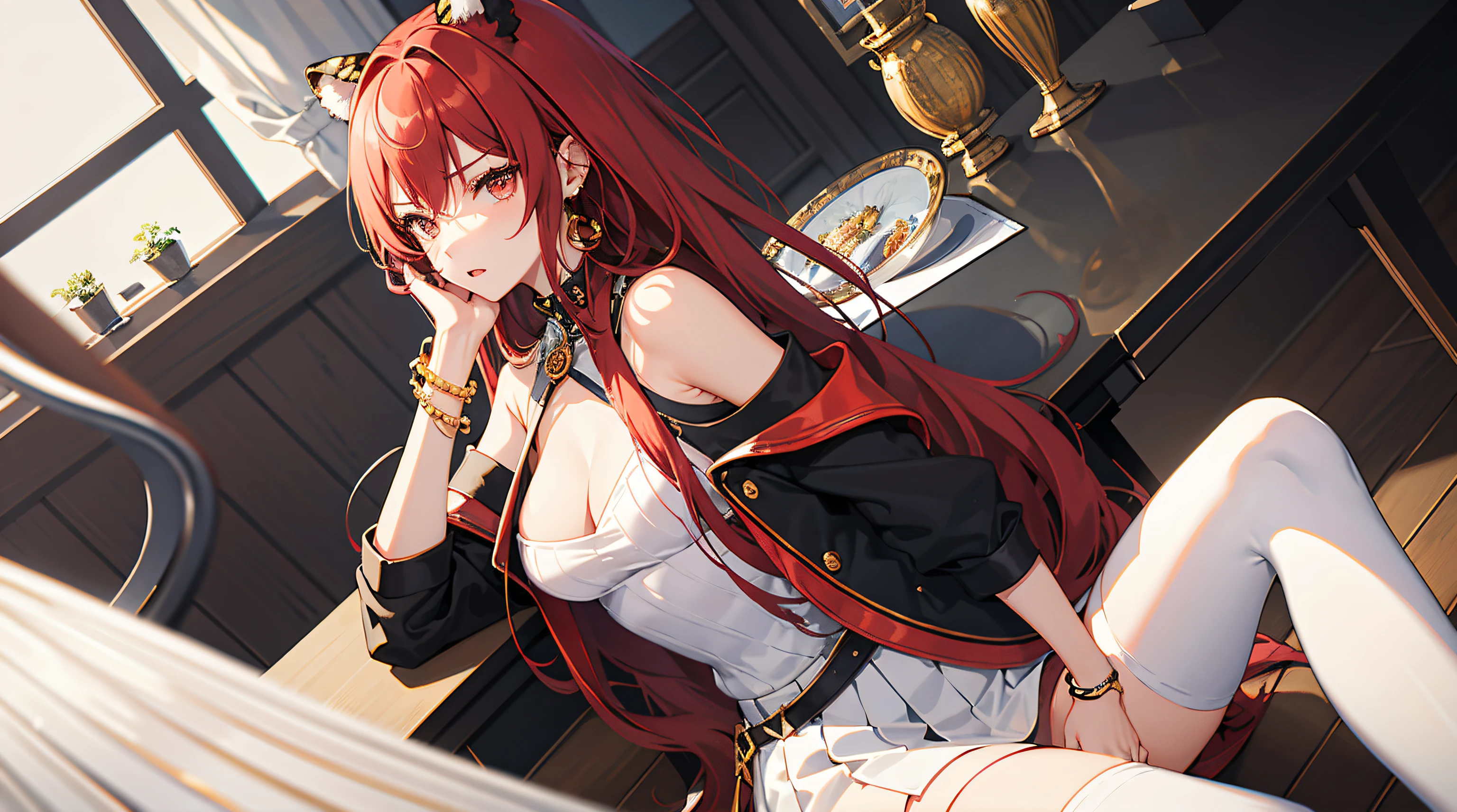（best qualtiy，CG class，tmasterpiece）（one-girl，年轻，Thin figure，red tinted hair，red color eyes，Support your head with your hands，sit on chair，Dissatisfied expressions，Sly eyes，a scar across her left cheek，Not yet healed，Bring a bracelet，With earrings，Bring jewelry，high-necksweater，short leather skirt，white stockings，There is a loop around the neck，leg loops，Tiger Tooth）（enviroment：Dining hall）The right hand，Correct perspective，Three-dimensional background，A large number of passers-by