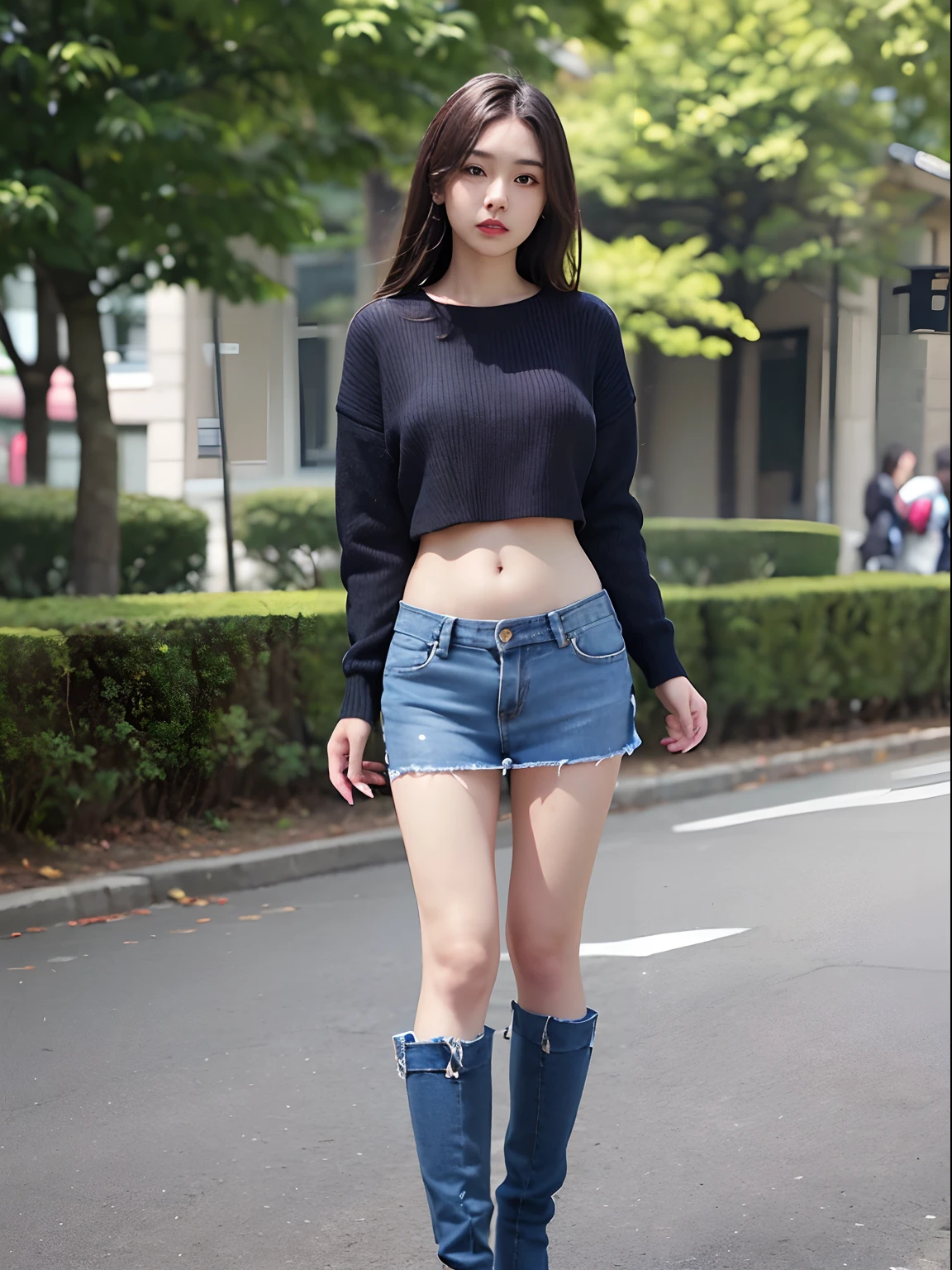 Sexy redhead nude japanese girl in a Girls world only walking exploration wearing only long sleeves with no front, high black over-the-knee socks and a dog collar