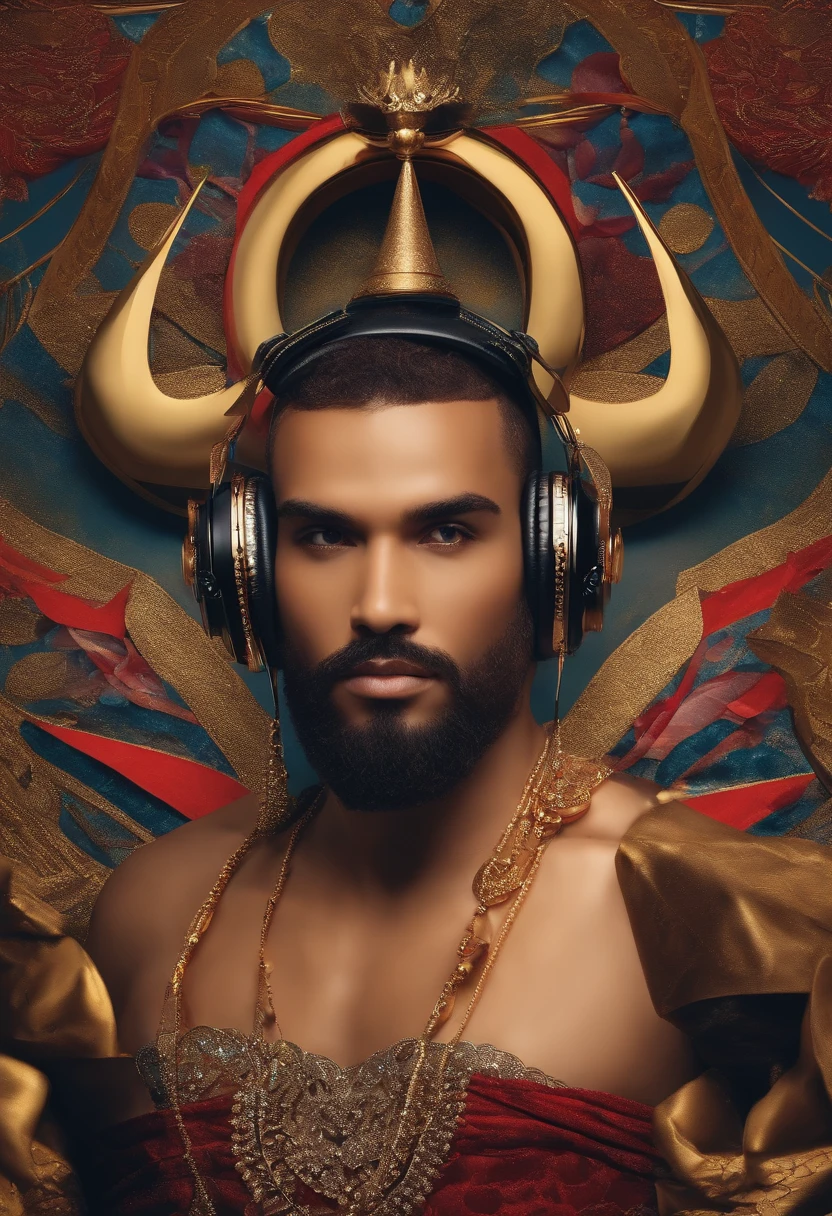 "Crie um rei, with an ostentatious crown on his head, segurando um smartphone moderno com uma tela brilhante, using state-of-the-art headphones."