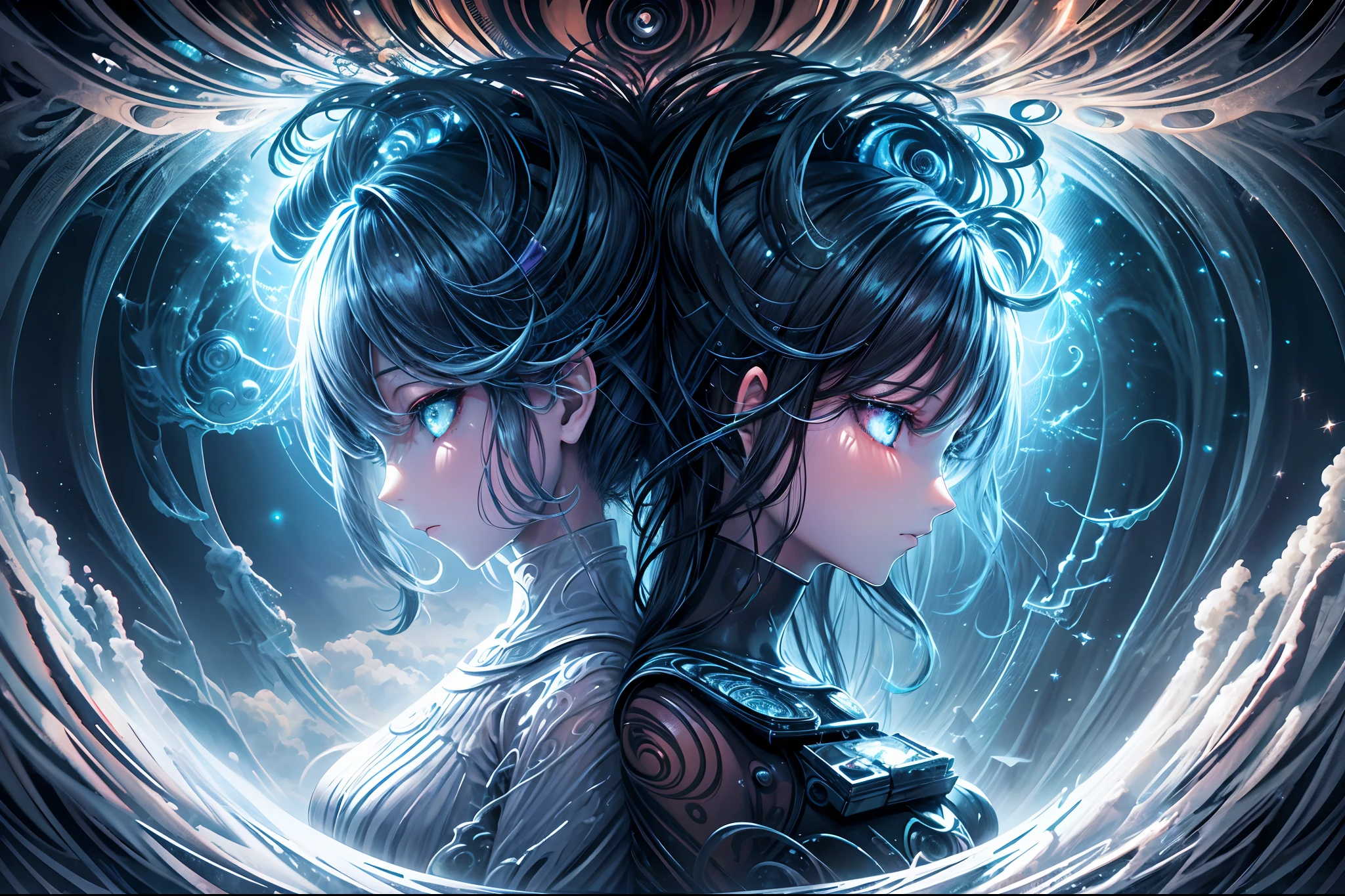 2girls, Two heads; technologies futuristic :: magic, twins Gemini opposites yin and Yang Symmetrical faces by Rob gonsalves by Max Ernst by Cyril Rolando bubbles, melted, deformed, wire, distorted, blended, psychedelic coloured fog by (abstract reality) floating bioluminescent sparkles, left_right