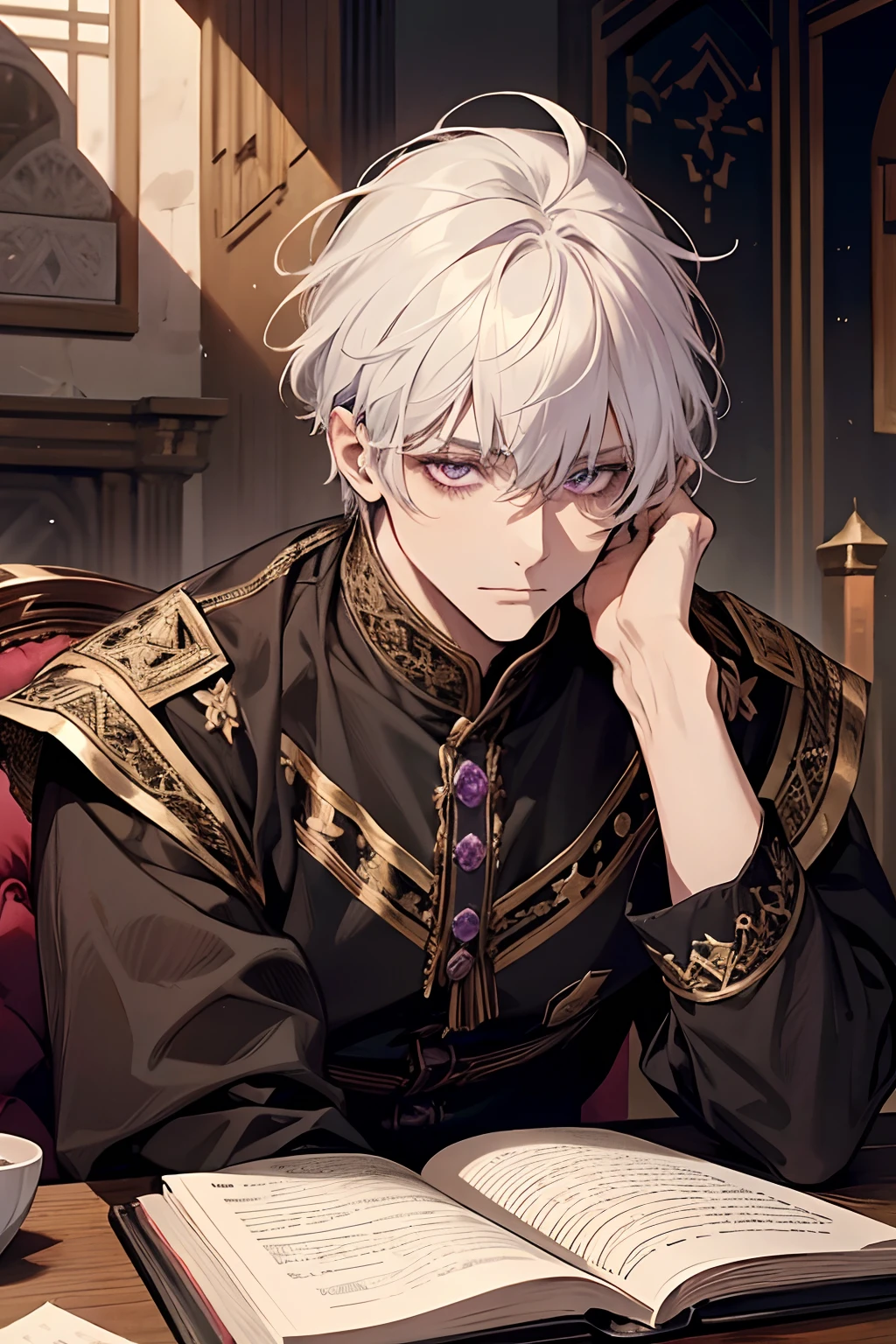 1male, calm, adult, age 35 face, short messy with bangs, white hair, amethyst colored eyes, royalty, prince, wears black clothing, in a castle, adult face, medieval times, close up, sitting at a table with a book, two hands, adult face