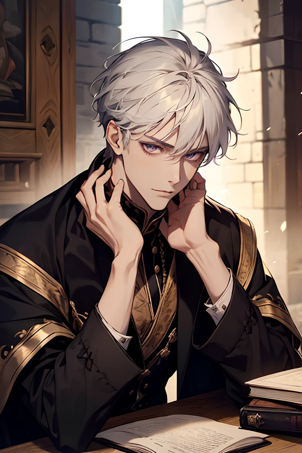 1male, calm, adult, age 35 face, handsome, short messy with bangs, white hair, amethyst colored eyes, royalty, prince, wears black clothing, in a castle, adult face, medieval times, close up, sitting at a table with a book, two hands, adult face