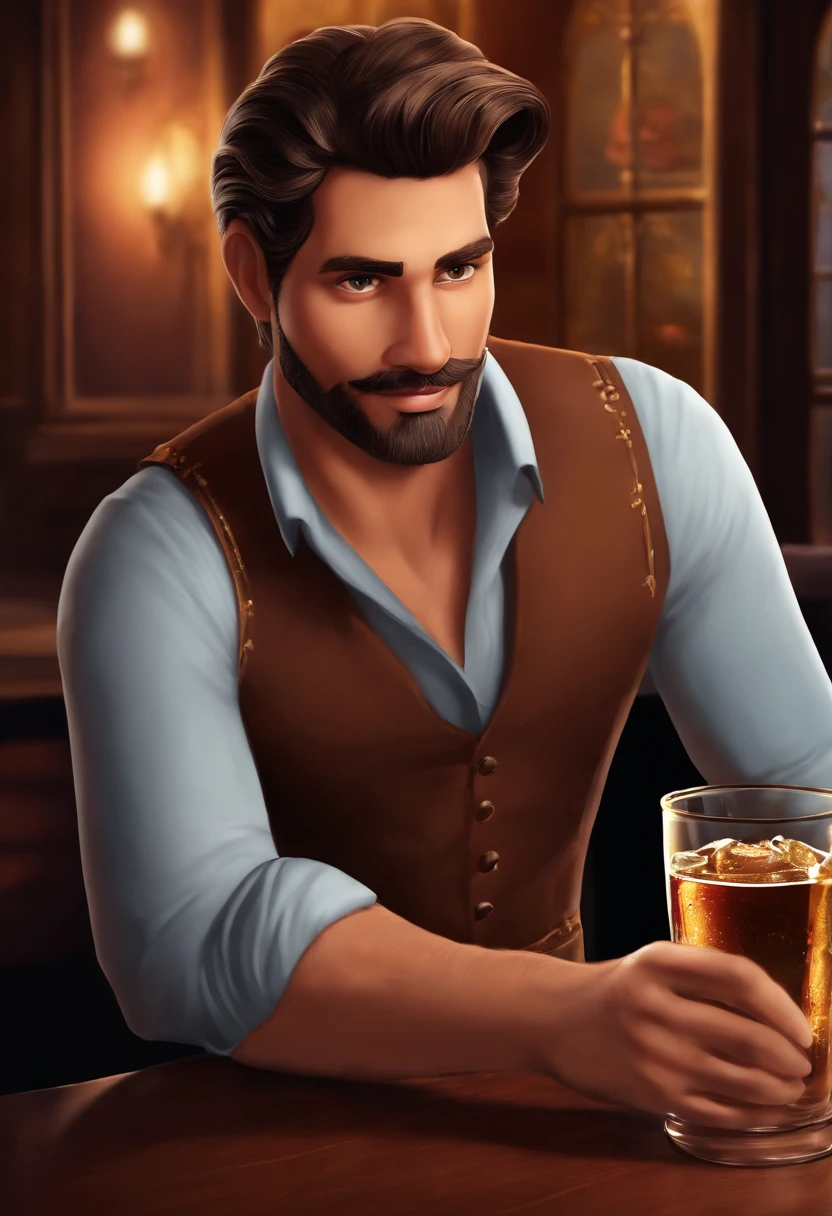 Create a Disney-style poster featuring a male character. deve ser um homem moreno, com cabelos castanhos curtos e penteado de lado, deve ter uma barba curta, ele deve ter uns 30 anos. He must be making a drink behind the counter of a bar. It should have a black wall with several drinks in the background.