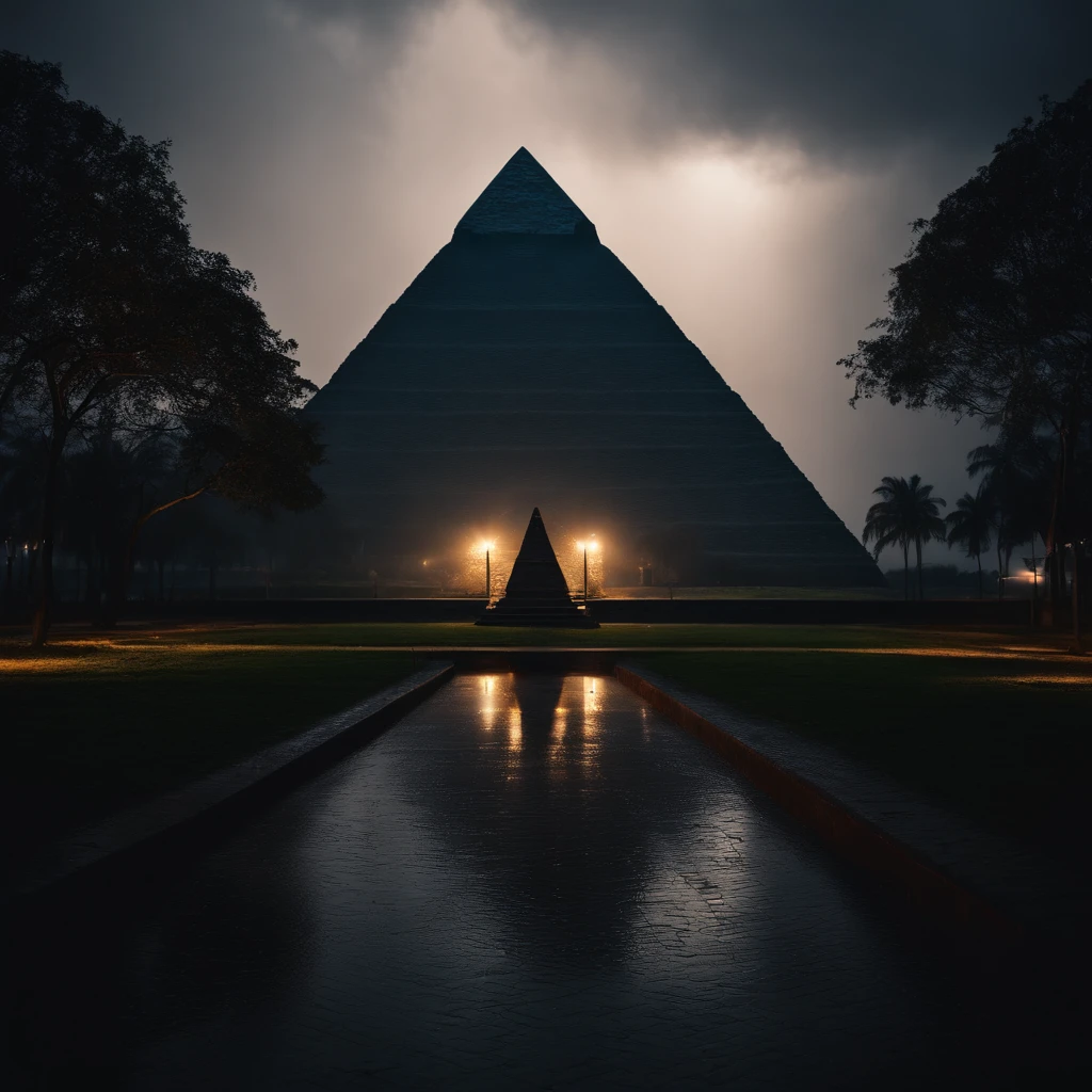 Pyramid on a rainy night