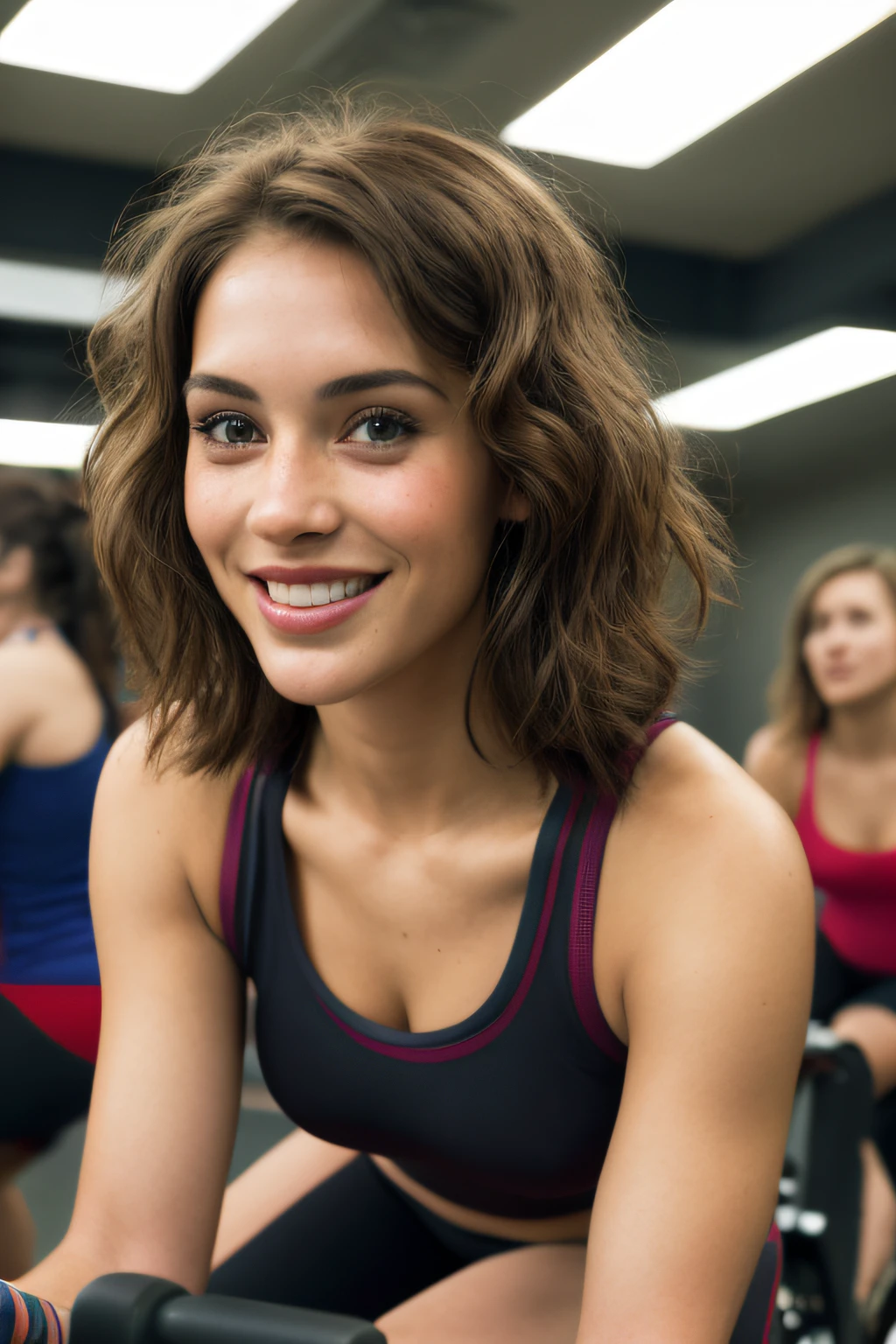 Attractive young women riding stationary indoor bikes on cycling class looking at camera, (editorial photograph of a 30 year old woman), (highly detailed face:1.4) (smile:0.7), by lee jeffries, nikon d850, film stock photograph ,4 kodak portra 400 ,camera f1.6 lens ,rich colors ,hyper realistic ,lifelike texture, dramatic lighting , cinestill 800,