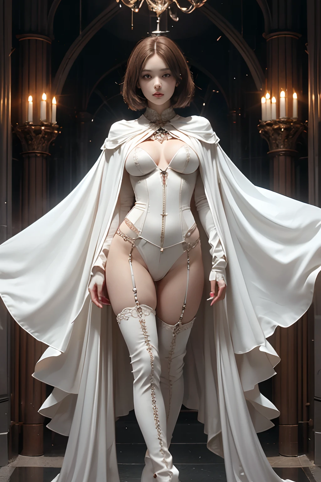 Japan maiden posing in pearl white leather corset,((small tits,well-shaped bust,slim body and constricted waist,)), (((Absolute full-length images,front-facing view、symmetry))),honey birdette, White silk bra&pantiy,Transparent Panty House、 Sexy corset in white color, Medium, Long White Leather Boots, lace decoration ,Cybernetic style,Without cloak、nippless,short hair of dark chestnut color,,Looking at the camera、Inside the cathedral