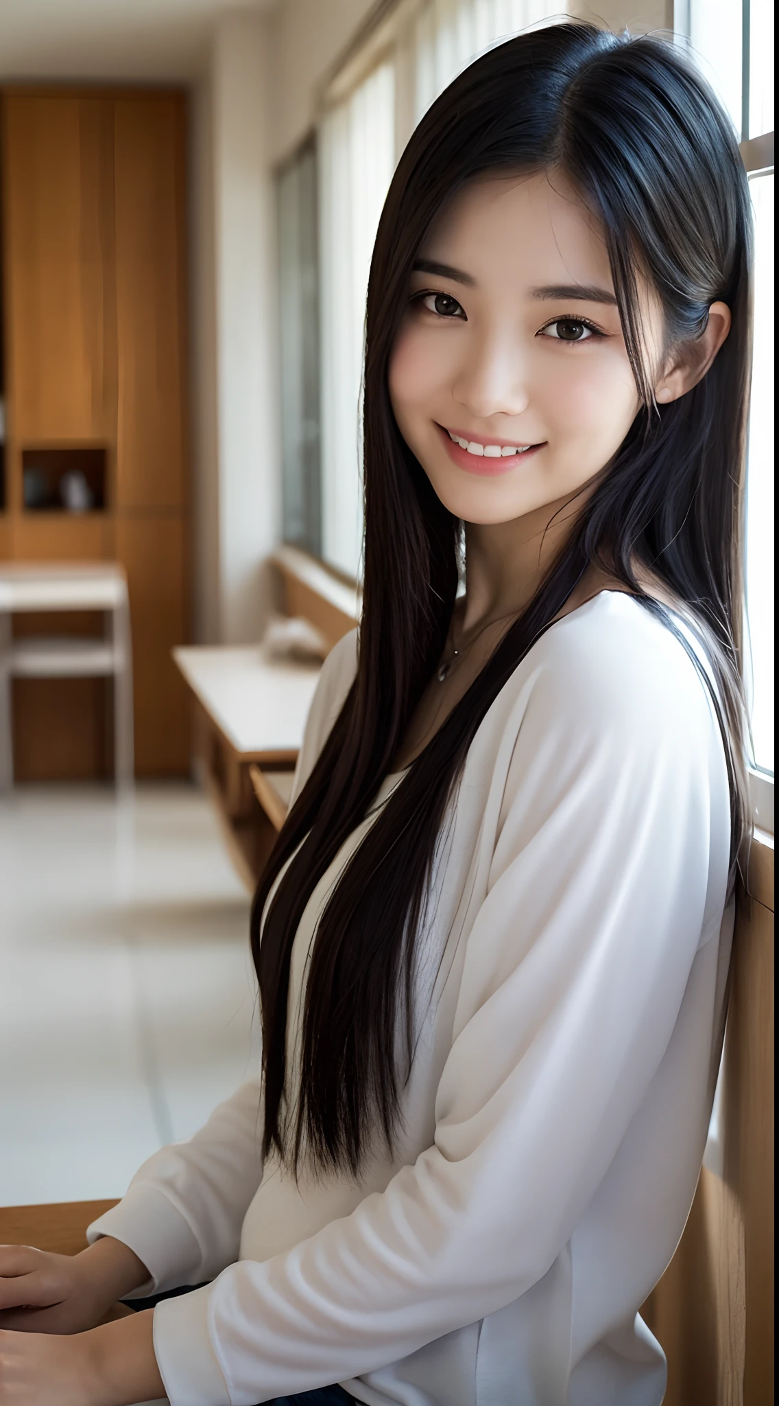 highest quality, figure, super detailed, finely, High resolution, 8k wallpaper, 完璧なダイナミックな構figure, beautiful skin, (big eyes), 20 year old beautiful girl, natural color lip, (sexy pose), Chest middle, smile, Highly detailed face and skin texture, Detailed eyes, Double eyelid,leaking teeth and laughing, close-up, profile, medium black hair, (Gray blouse:1.2), indoor