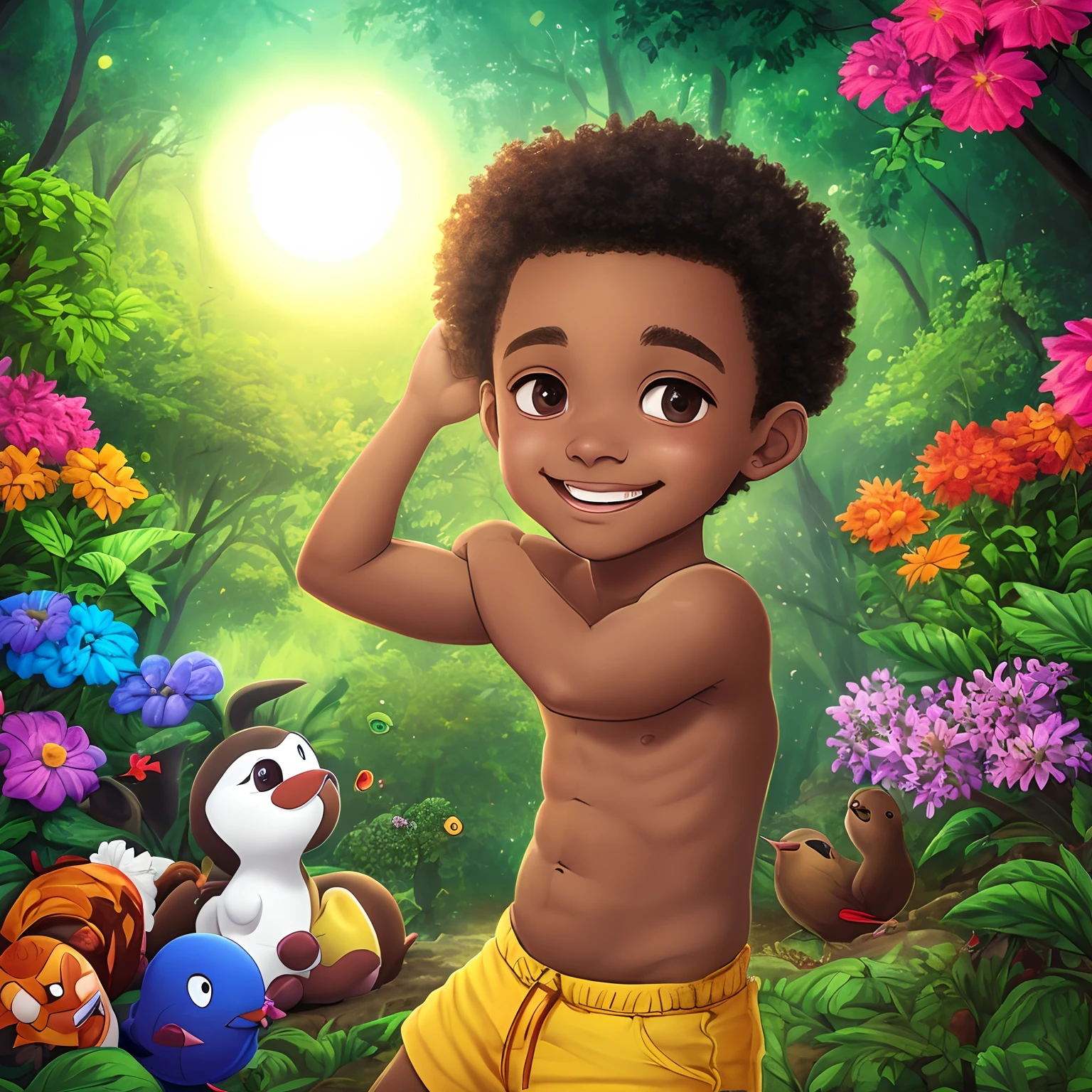 Quero que crie desenho para um livro infantil de forma bem Cativante e colorido contendo Guilherme um menino de cor Negra, magro e alto, 12 anos, Rosto fino e curto, curly hair, He is happy and in his heart the 7 colors of the rainbow shine with joy. Ao fundo, He finds himself in a magical forest lit by the sun, The trees smile and the flowers sing with the birds.