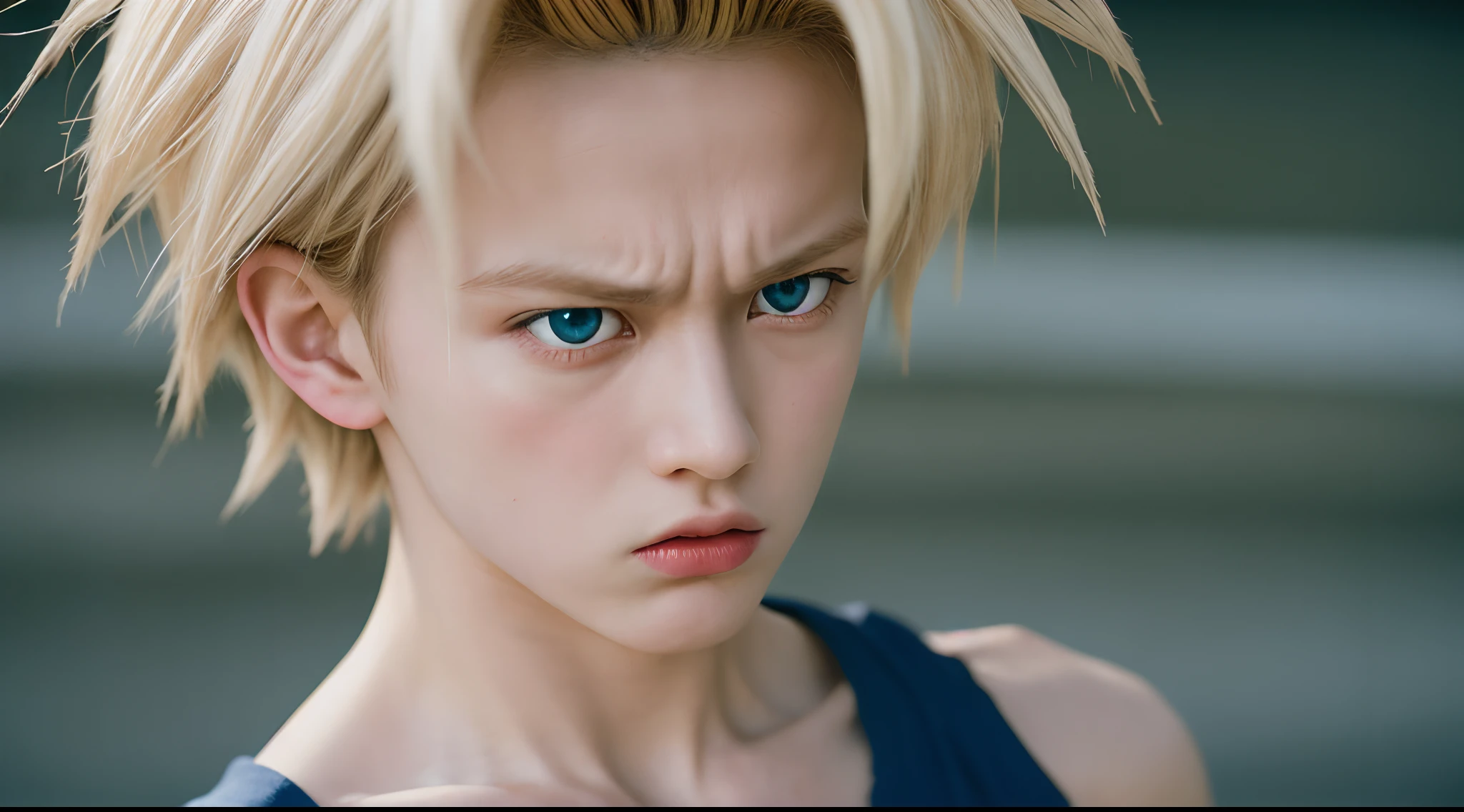 ultra-detailed, solo, realistic, face focus, 1boy, son gohan, super saiyan, (aura, angry, stare), looking at viewer, (fighting stance:1.2), blonde hair, blue eyes, (torn clothes:0.8), lightly blurry, film portrait photography, 35mm film, filmg,