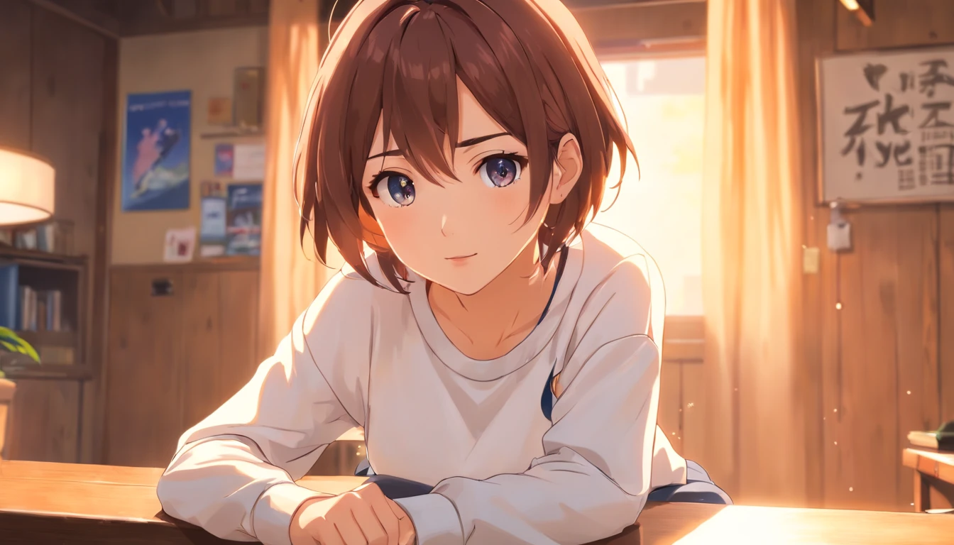 ((of the highest quality, 8K,RAW photo)), (Realistic, Photorealistic: 1.37), (facial focus: 1.1), small breasts, flat chest, Short hair, Japanese Lady、20years old、Japanese idol system、(white sweatshirt: 1.1)、upskirt, sitting, hands up, From Bottom, Sunlight, movie lighting,