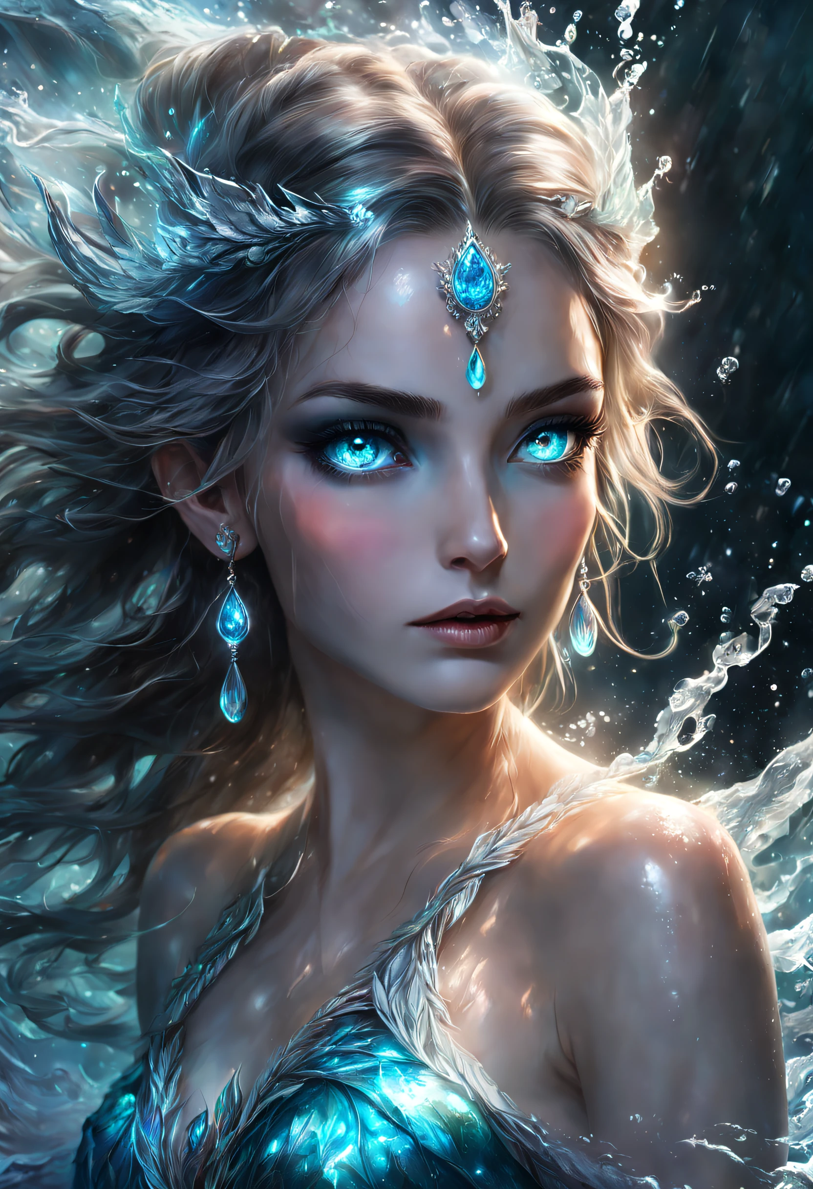 The extreme beautiful goddess of water, white skin, colorful mystic light, water glow eyes, UHD, by Aleksi Briclot and Alessio Albi and Emilia Rodriguez and Adela Weiss