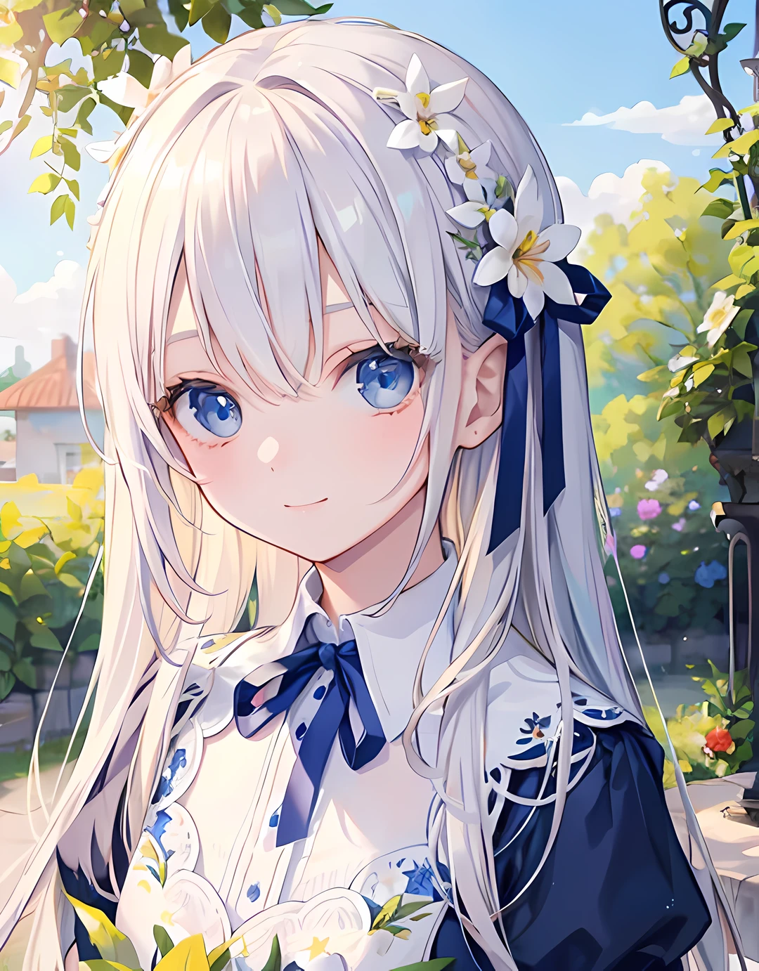 masterpiece, garden, blue sky, thin blonde hair, long hair, long eyelashes, blue eyes, smile, ribbon in hair, gentle expression, floral ornament, bangs bangs