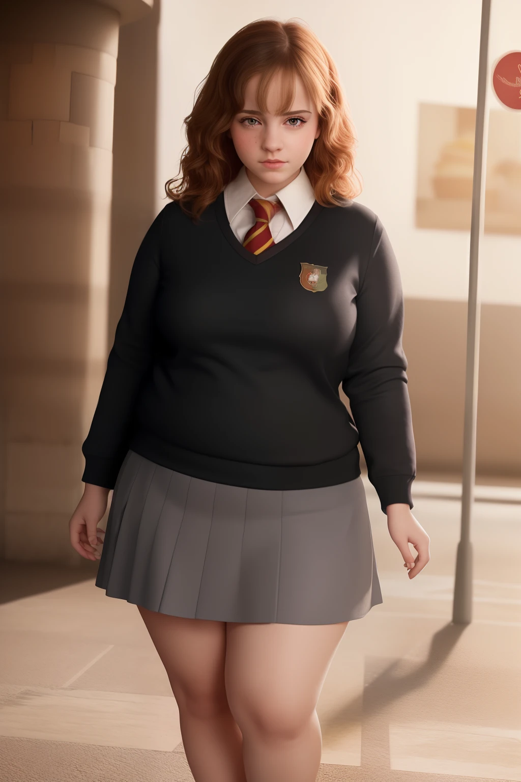 masterpiece, (photorealistic), (8k wallpaper) , (best quality), perfect quality, solo, (detailed eyes:1.1), Ermione, adult, very beautiful face, small smile, sexy, fat rolls, curvy, a bit chubby, navel visible, soft, tight school uniform, tight miniskirt, black miniskirt, muffin top, love handles, thunder thighs