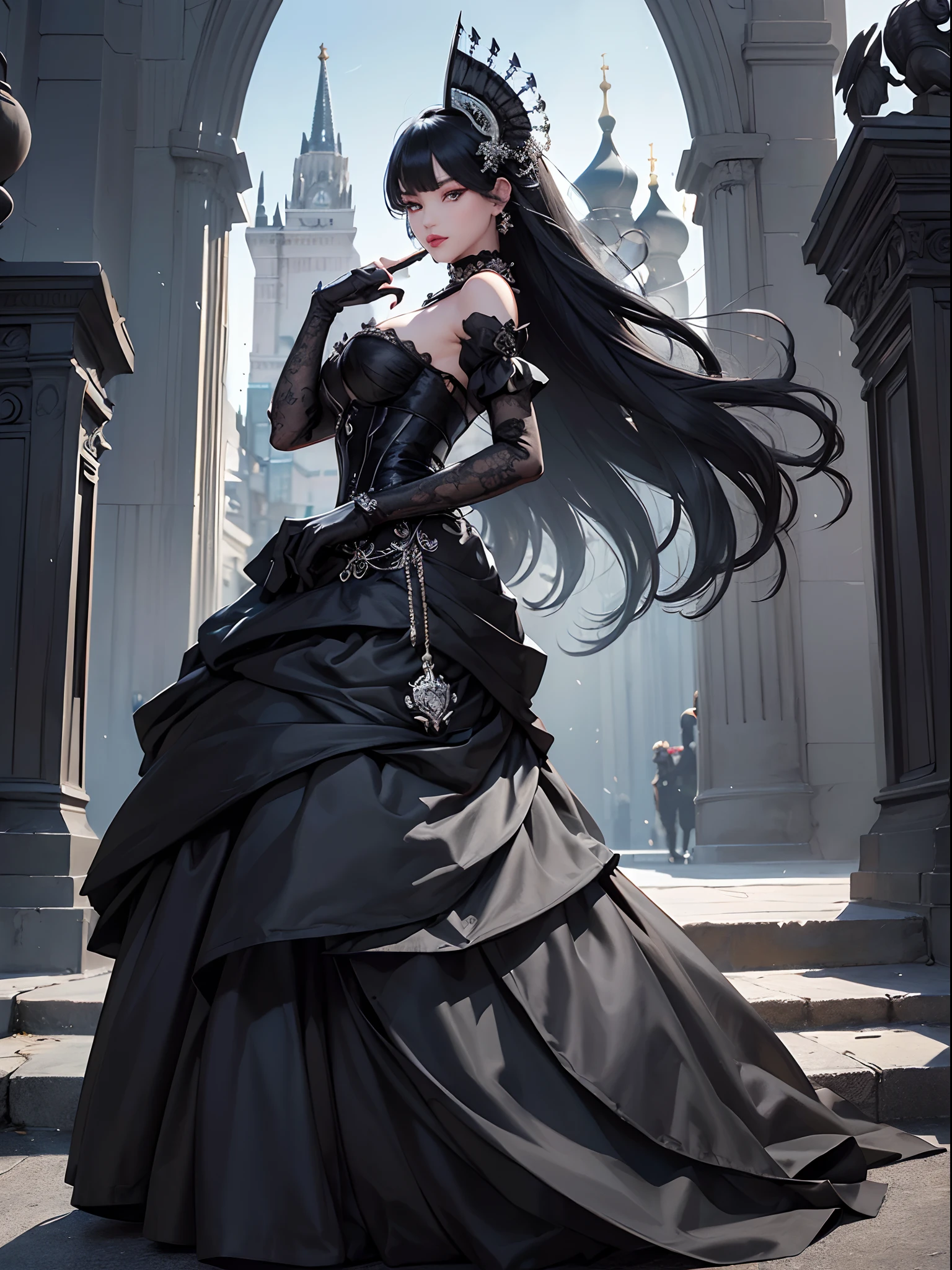 Black cat motif、Black and silver tones、Vibrant colors、((masterpiece)))、(((top-quality)))、((ultra-detailliert))、(A hyper-realistic)、(highly detailed CGillustration)、Official art、Moscow in the second half of the 20th century、Decadent、Madame Chat Noir、Masquerade、Elegance、Masks that cover most of the face、Colorful and detailed mask design、matchless beauty、Fans、Female Solo、gorgeous dress、jewely、Perfect Angle、→ orientation、perfect-composition、full body Esbian