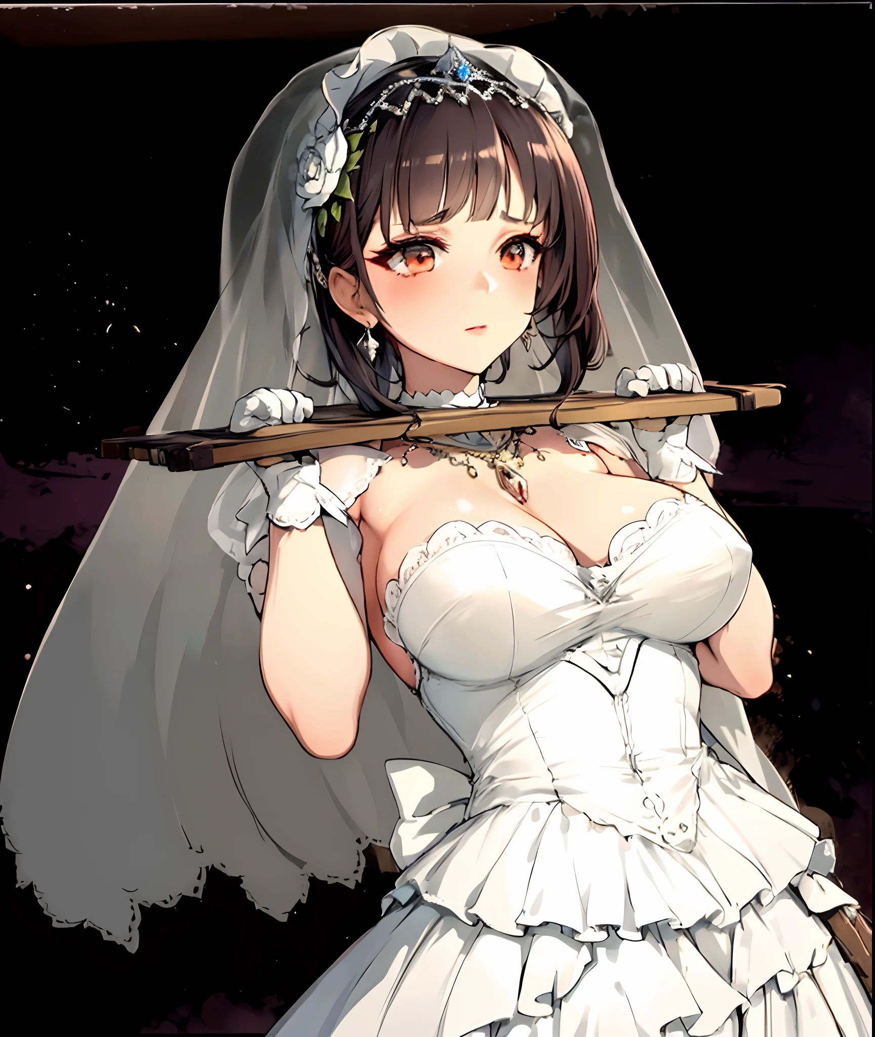 Best quality,Masterpiece, A high resolution,Original, 1girll, Yamazaki_Bells, Close-up of a beautiful bride in a beautiful wedding dress, Gurvetz,(pillory:1.5), (Flail:1.2), Flail on the head, Flail on the hands,(Bridal veil: 1.5), (Short transparent veil: 1.5), Flushed face, Head flower, head gear, Very detailed princess wedding dress,(Tubular wedding dress: 1.5), (Silk dress: 1.2 ), (Strapless wedding dress: 1.5), (and floor-length skirts:1.2), Pure white dress,a white long skirt, necklace, Earrings, (Huge breasts: 1.3), Deep V heart collar wedding dress, bangs, lipstick, (Lace gloves: 1.3), High detail RAW color art,