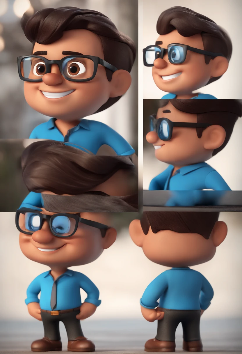 Cartoon character of a man with black glasses and a blue shirt, animation character, Caractere estilizado, animation style rendering, 3D estilizado, Arnold Maya render, 3 d render stylized, toon render keyshot, Personagem 3D, Personagem 3D, 3d rendering stylized, 3 d character render, personagem de desenho animado, Personagem de close up, Pose de personagem, (Estilo Pixar) (master part:1.2) (Bokeh) (best quality) (pele detalhada) (textura detalhada) (8k) (argila) (Cinematic lighting) (foco nítido
