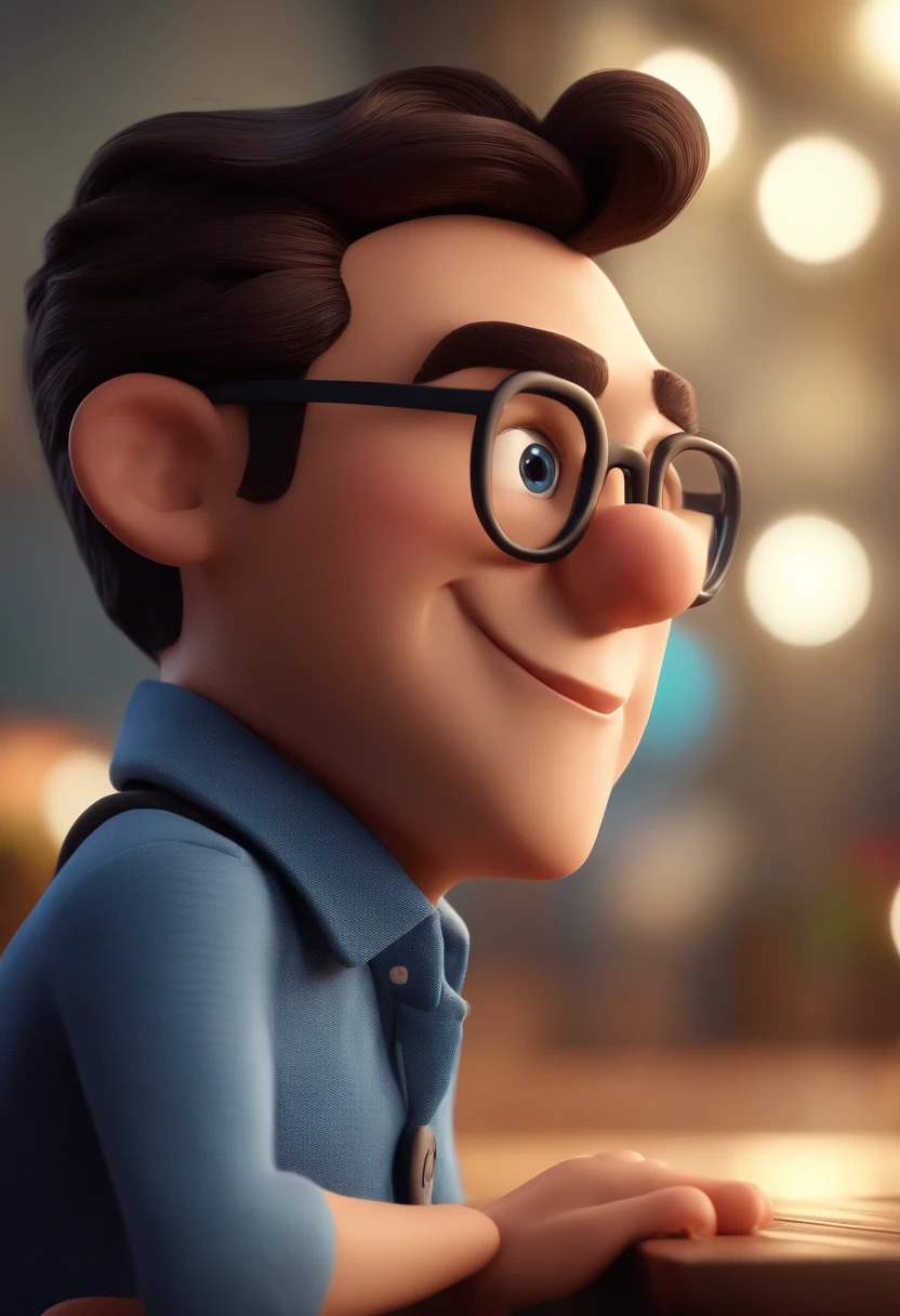 Cartoon character of a man with black glasses and a blue shirt, animation character, Caractere estilizado, animation style rendering, 3D estilizado, Arnold Maya render, 3 d render stylized, toon render keyshot, Personagem 3D, Personagem 3D, 3d rendering stylized, 3 d character render, personagem de desenho animado, Personagem de close up, Pose de personagem, (Estilo Pixar) (master part:1.2) (Bokeh) (best quality) (pele detalhada) (textura detalhada) (8k) (argila) (Cinematic lighting) (foco nítido
