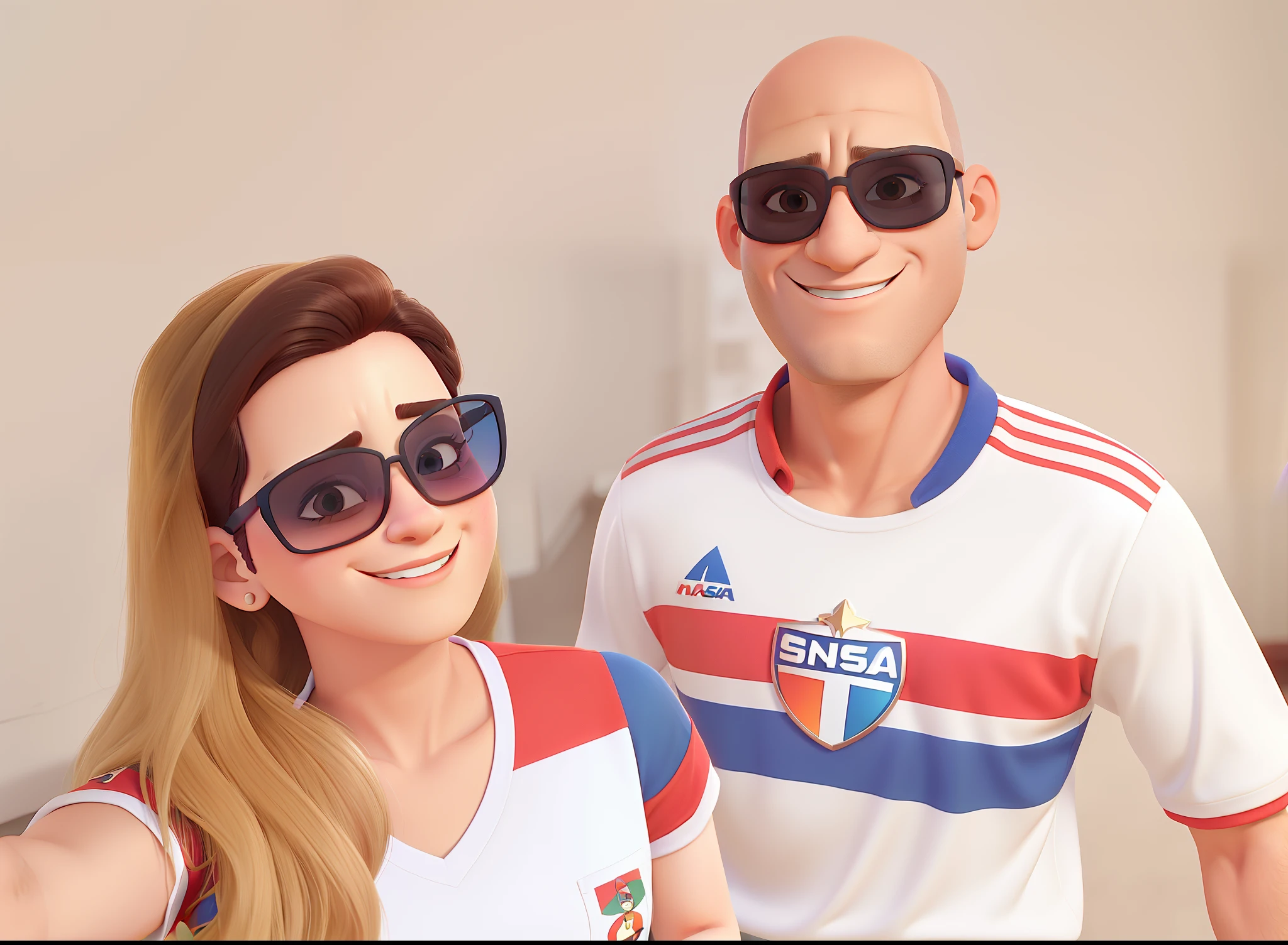 Casal (homem careca, wearing sunglasses, moreno e mulher branca,wearing sunglass) no estilo Disney Pixar, alta qualidade, melhor qualidade.