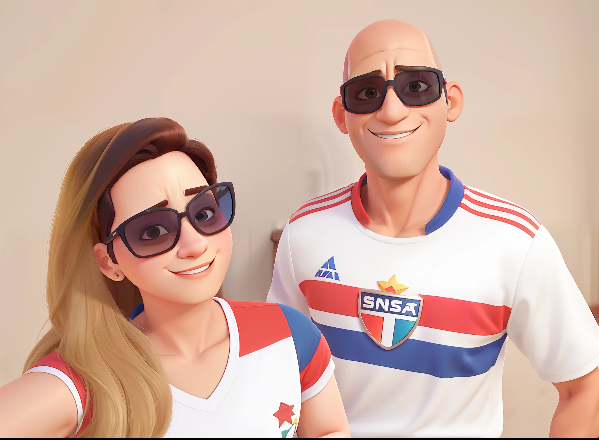 Casal (homem careca, wearing sunglasses, moreno e mulher branca,wearing sunglass) no estilo Disney Pixar, alta qualidade, melhor qualidade.