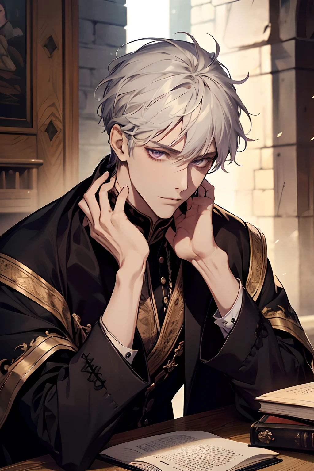 1male, calm, adult, age 35 face, handsome, short messy with bangs, white hair, amethyst colored eyes, royalty, prince, wears black clothing, in a castle, adult face, medieval times, close up, sitting at a table with a book, two hands, adult face, calm