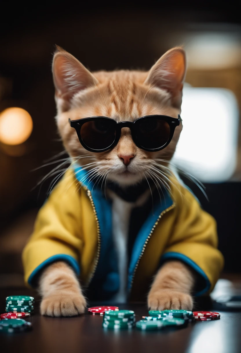Perfect centering arrangement, Cute cat, Wear a jacket., playing poker, Wear sunglasses, Wearing headphones, cheerfulness, Standing position, abstract beauty, centered, looking at the camera, facing camera, Approaching perfection, dynamic, high-detail, smooth, crisp focus, 10, Deep black background