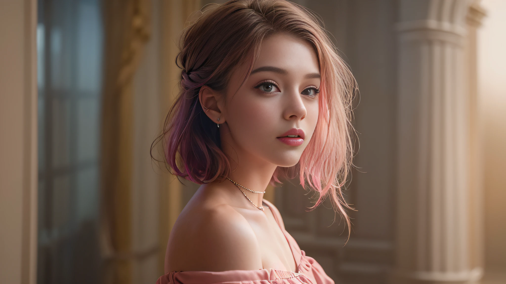 Best Quality, Masterpiece, Ultra High Resolution, (Realisticity: 1.4), Original Photo, 1girl, Pink Off-the-Shoulder, Cinematic Lighting