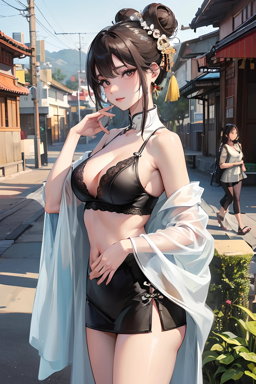 A MILF_Saga, (8K, (RAW photo:1.2), (Photorealistic:1.3), Realistic, Photorealistic, Best quality, absurderes, 超高分辨率, Masterpiece, color difference:1.1)), NSFW, (view the viewer:1.21), (1girll), (Bun, hair-bun), Eye focus,  Thighs, navel, Town, Outdoors, Chinese style architecture, hair adornments, Bare shoulders, jewelry, Earrings